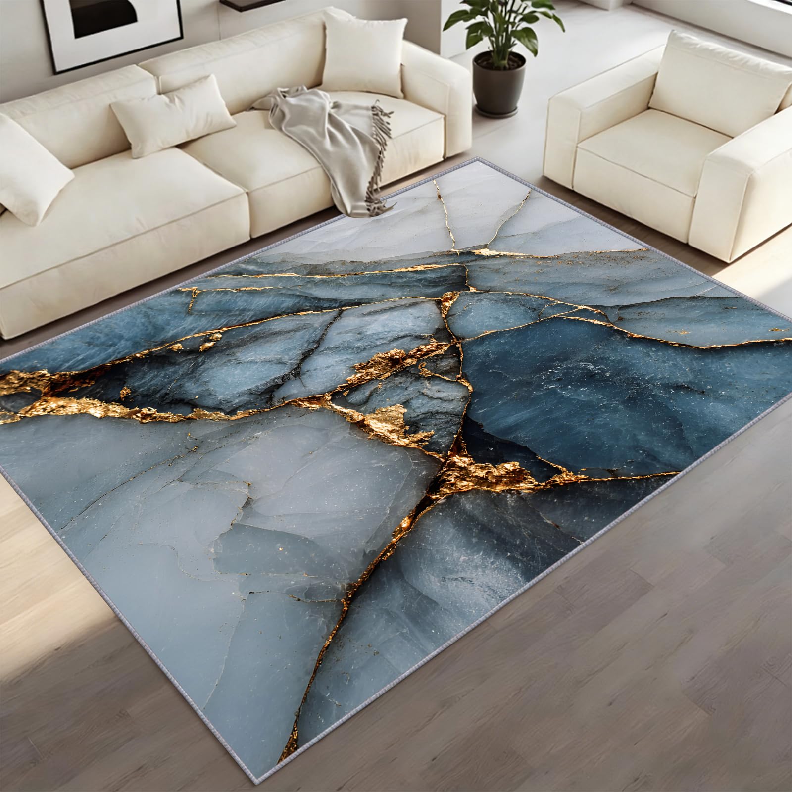 Blue Gold Marble Rugs 160x220cm Modern Abstract Marble Rug, Cracked Texture Carpet, Luxury Washable Rug, Non-Slip Washable Floor Mat For Living Room Bedroom