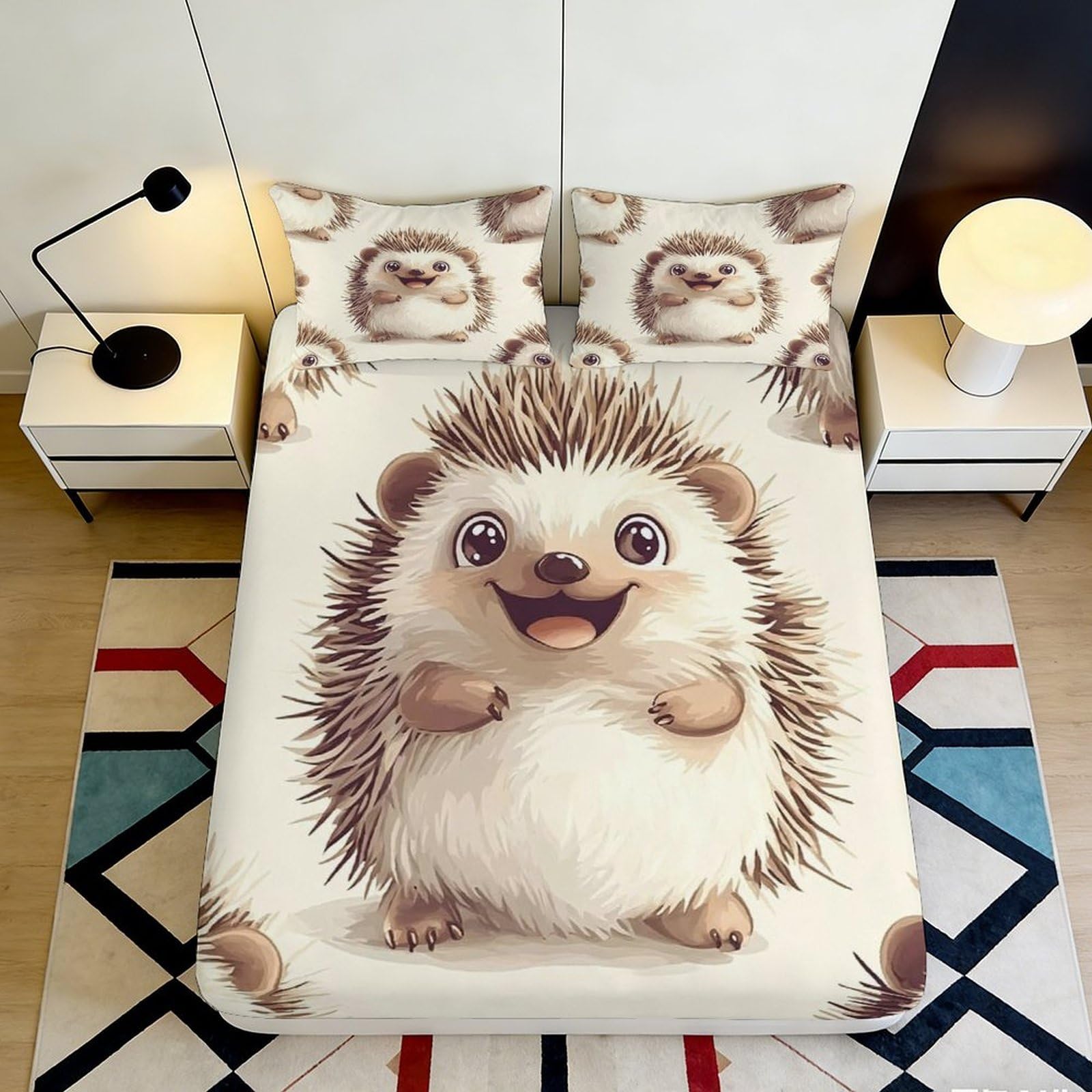 3D Printed Cartoon Hedgehog Fitted Sheet Microfiber Soft Breathable Cute Animal Bed Cover for Bedroom Dorm Mattress Protection Decor 180x200x25cm