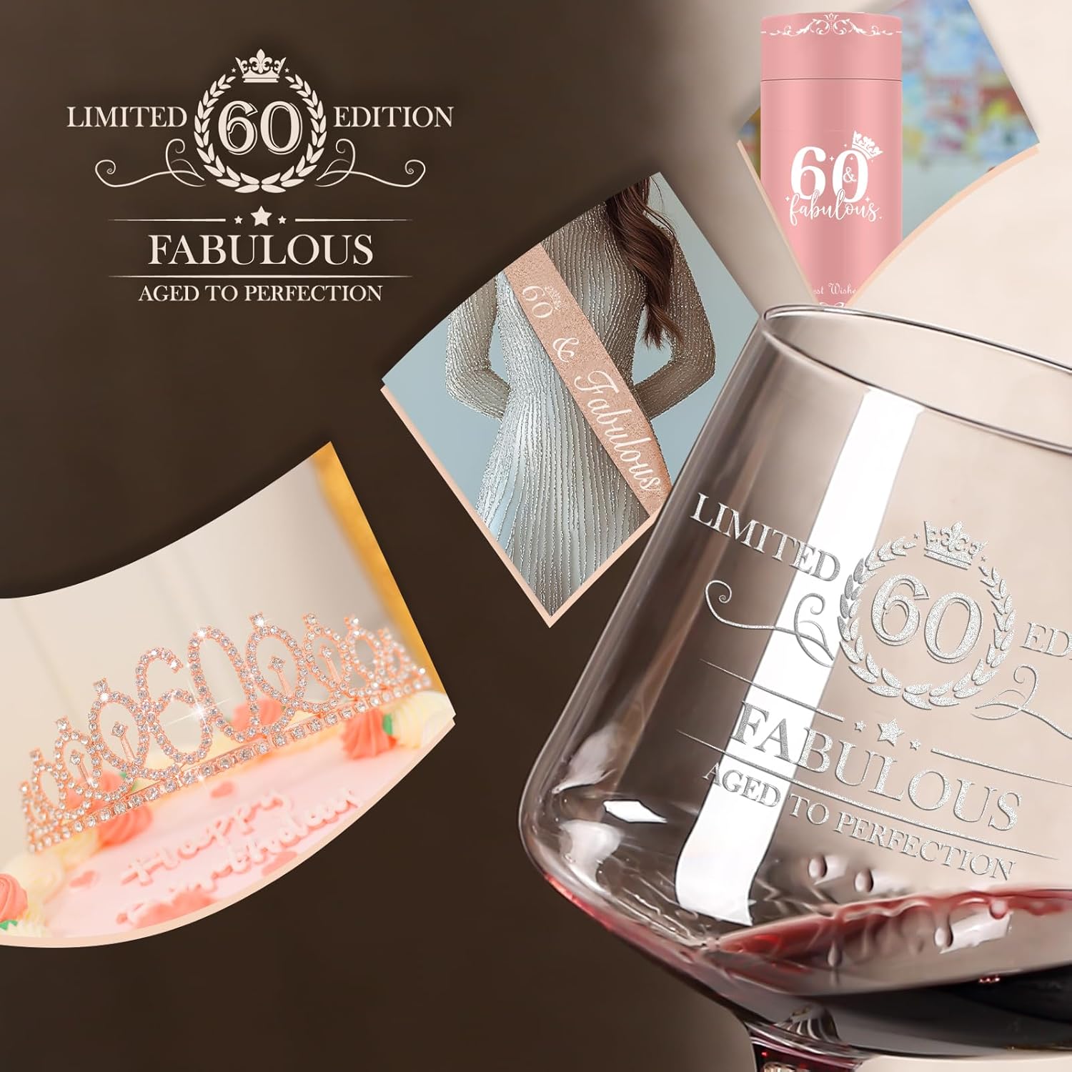 60TH Birthday Gifts for Women,Vintage Engraved 60th Wine Glass,60 Year Old Birthday Decorations For Her,60&Fabulous Sash and Tiara For Women,Friends,Sister-Turning 60th Party Favor Supplies - Image 8