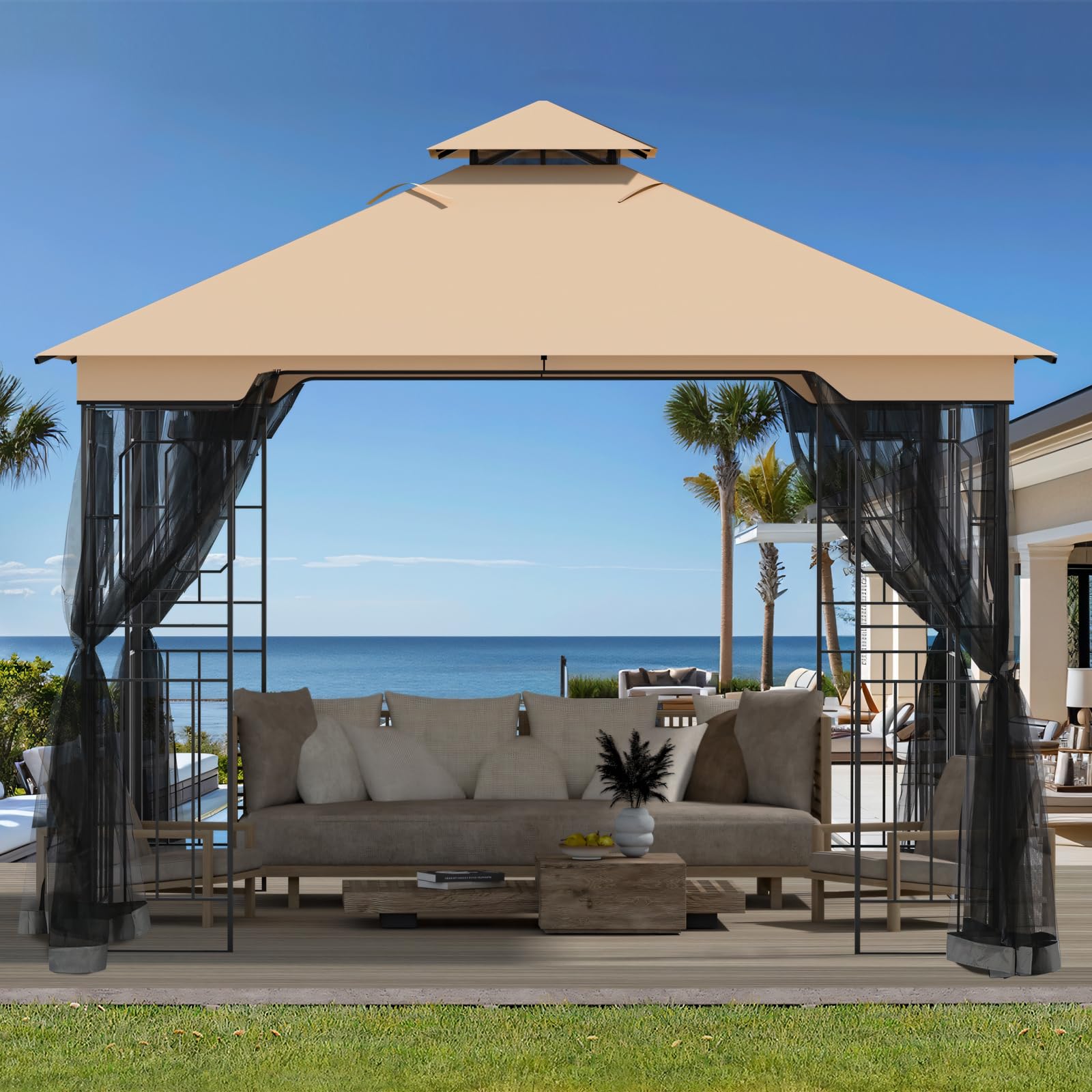 Patio Gazebo 11'x11' with Netting, Outdoor Gazebo with Stable Frame, Gazebo Tent with Double Roofs and Ceiling Hooks, Pop Up Canopy Tent for Patio Lawn (Brown)