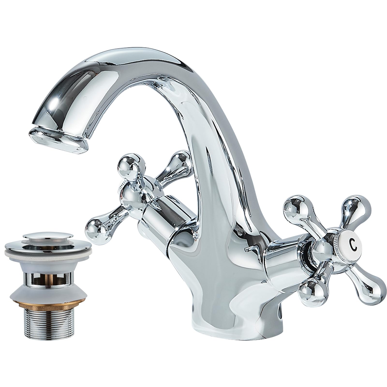 Rubinetto tradizionale vittoriano per lavabo, doppia maniglia a croce, rubinetto monoblocco per lavabo con scarico pop-up e tubi britannici, finitura cromata lucida anticata, beccuccio a