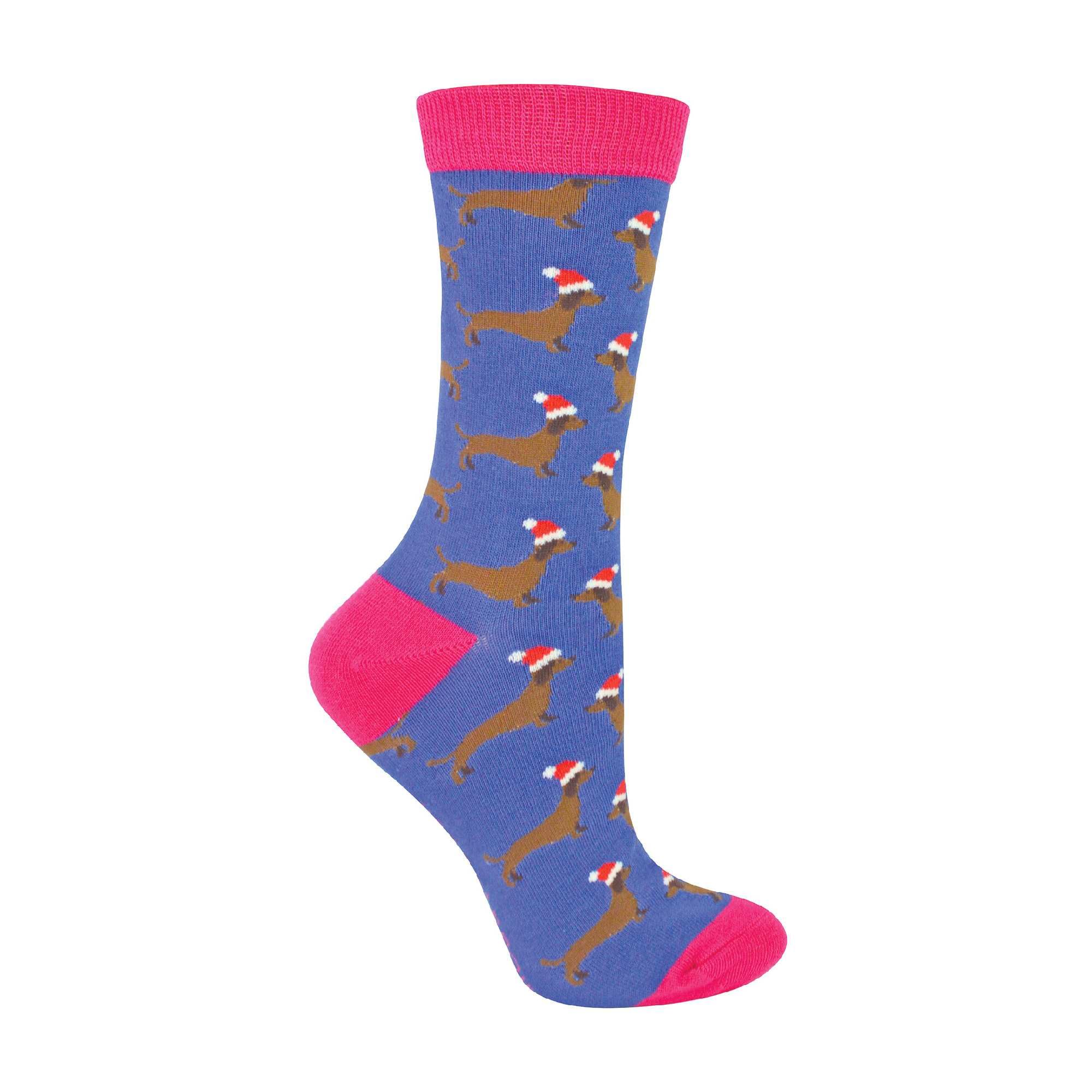 Miss Sparrow Women's Santa Dog (Denim) Christmas Sausage Dog Socks For | Novelty Fun Xmas Santa Socks