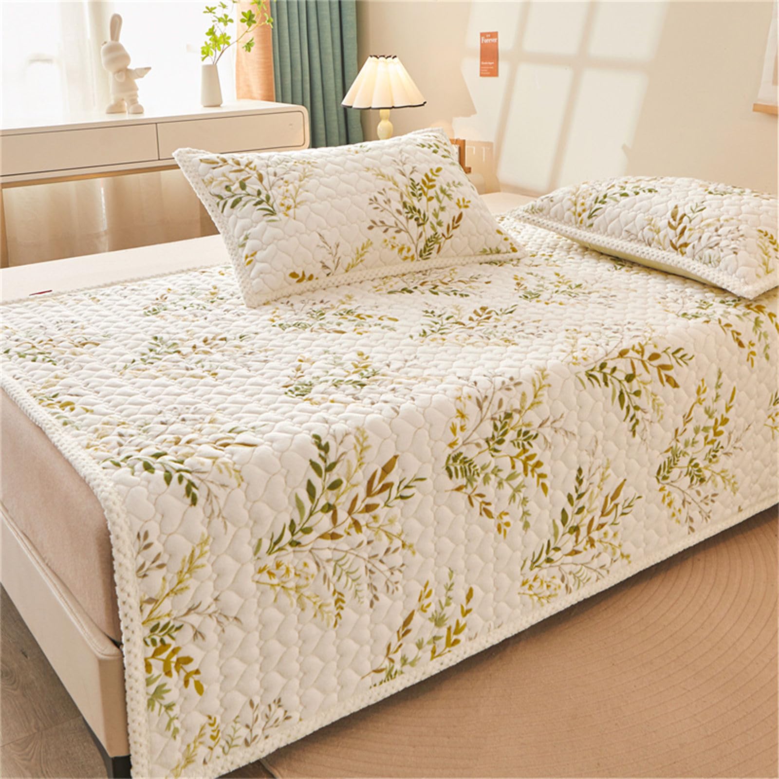 Odot Protector de Colchón Acolchado Franela, Protectores de Colchón Funda de Colchón con 4 Bandas Elásticas Cubre Colchón Suave Comodo Sábana Protectora para Cama (180x200cm,Plantas Verdes)