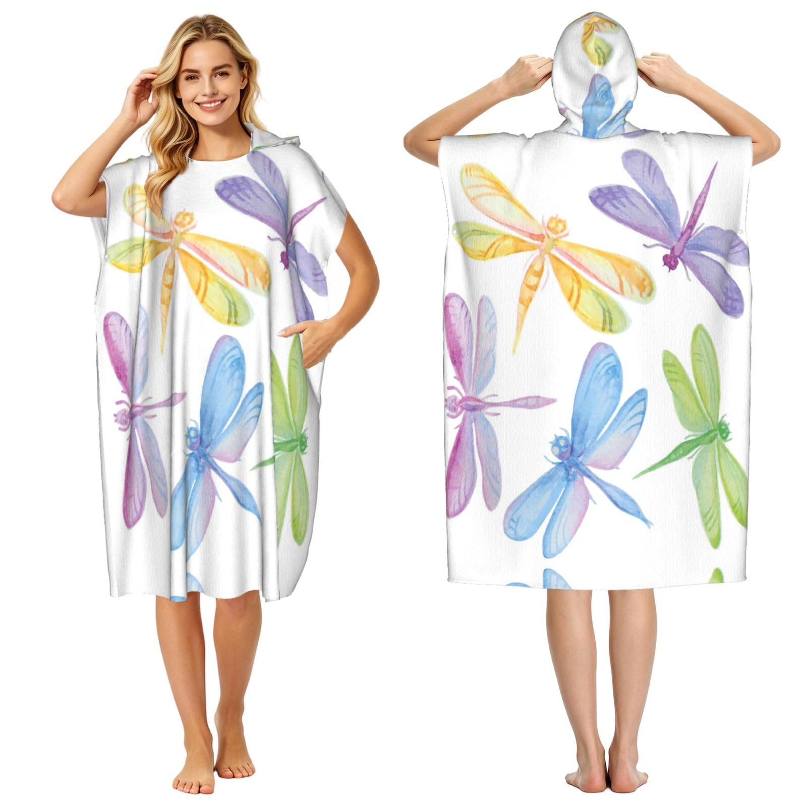 ESNAIUVCD Dragonfly Drawing Print Changing Robe, Hooded Towel Poncho For Swimming Pool, Beach,Quick Dry & Light Weight Towelling Poncho For Adults Women Men