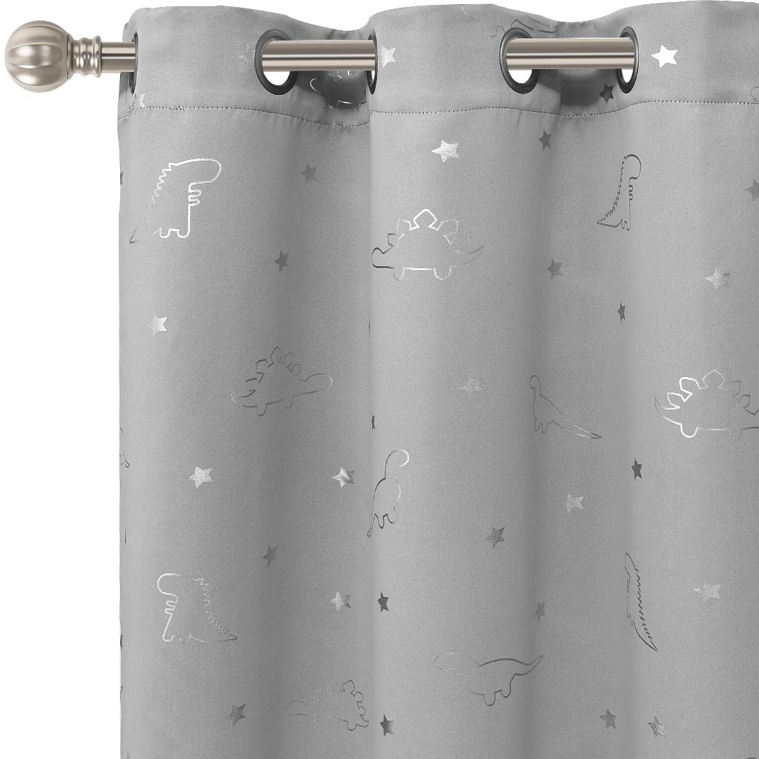 LORDTEX Dinosaur and Star Foil Print Blackout Curtains for Kids Room - Thermal Insulated Curtains Noise Reducing Window Drapes for Boys and Girls Bedroom, 42 x 84 Inch, Light Grey, Set of 2 Panels