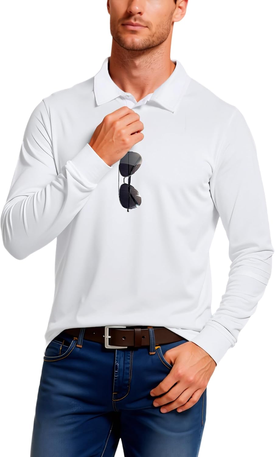 Men's Casual Long Sleeve Polo Shirts Performance Side Split Collared Golf Shirts with Sunglass Loop UPF 30+