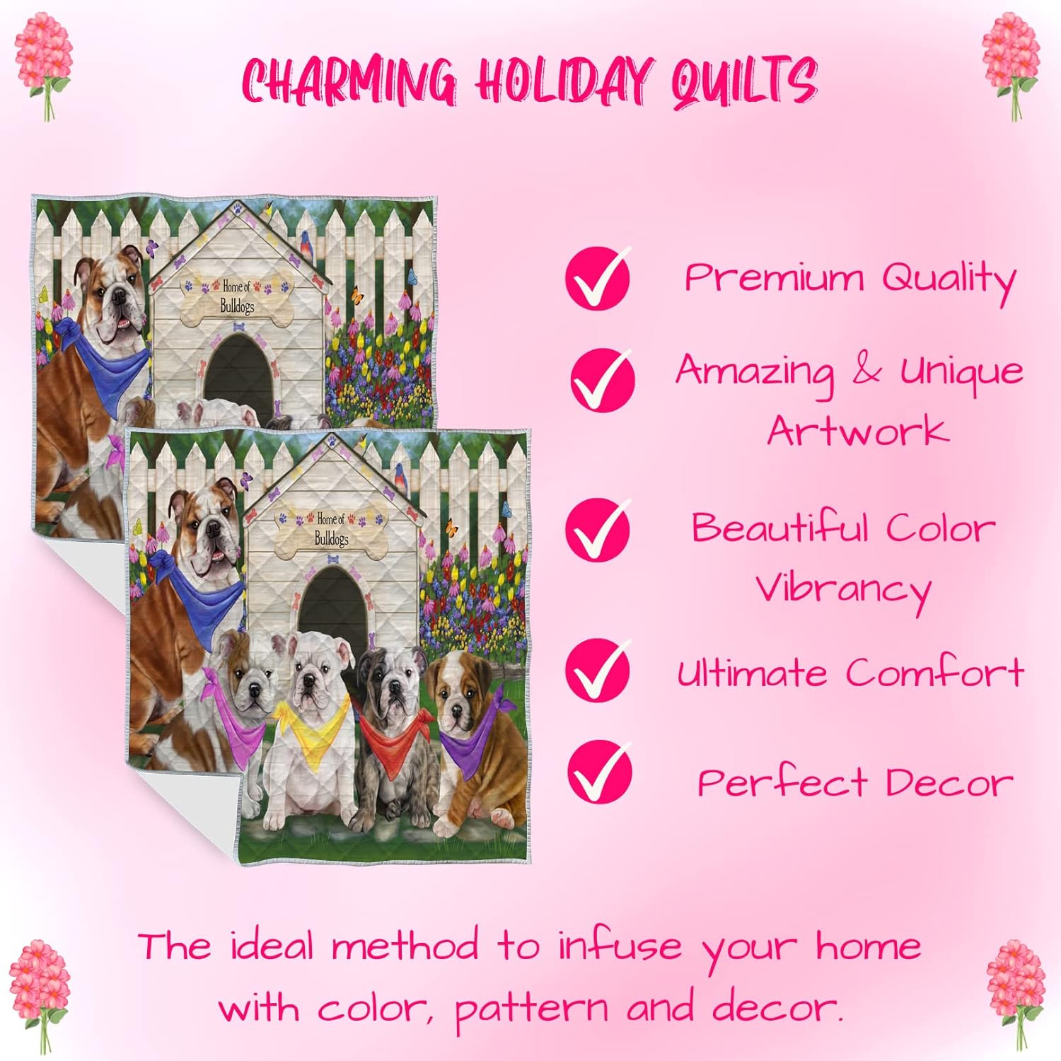 Spring Dog House Bulldog Quilt Bed Coverlet Bedspread - Pets Comforter with Unique One-Side Animal Printing - Soft Lightweight Quilt - Washable 100% Polyester, 50"x60"