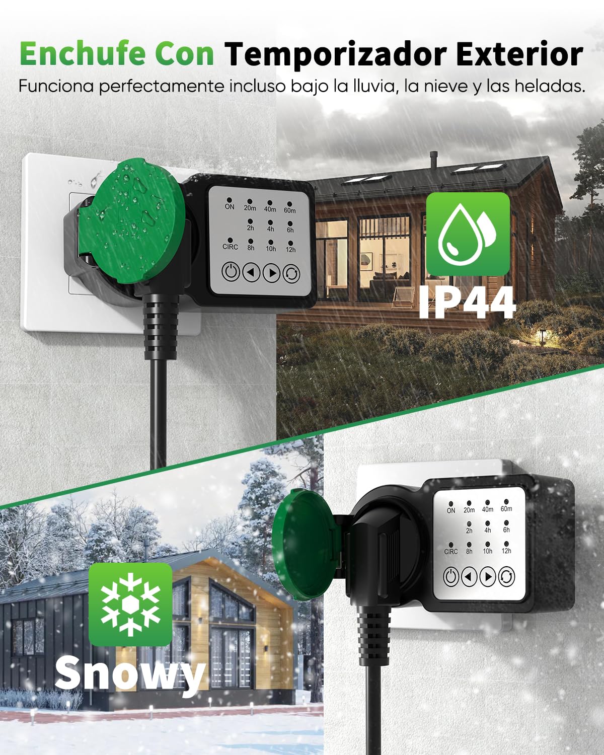 GreenSun Temporizador para Exteriores - Enchufe para Exteriores Temporizador Programador Enchufe programable 24 Horas 16A 230V IP44 Verde