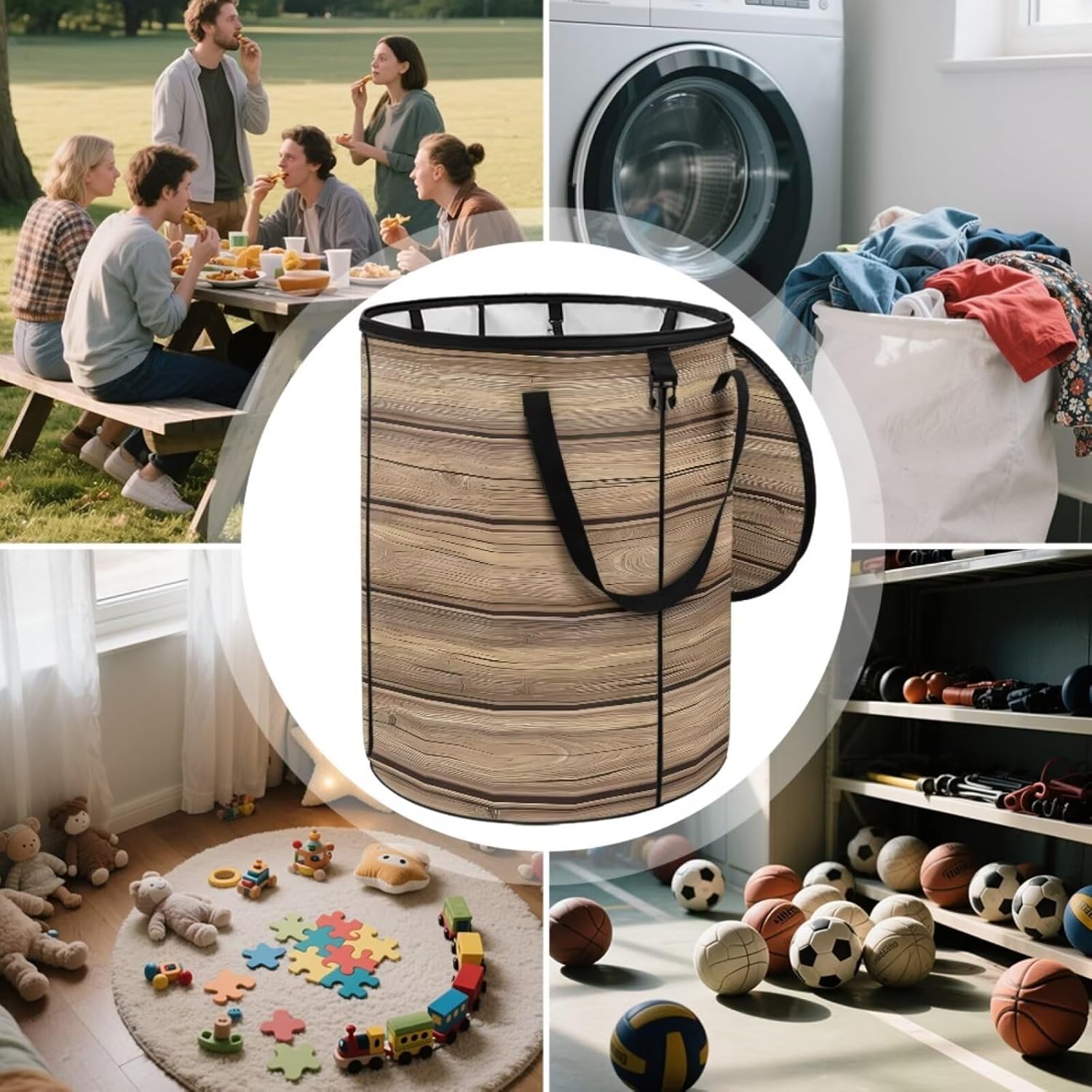 BIGCARJOB Wood Grain Camping Trash Can Collapsible Garbage Bin with Lid, Recycling Pop-up Big Trash Can for Parties, 22.83x17.71 in