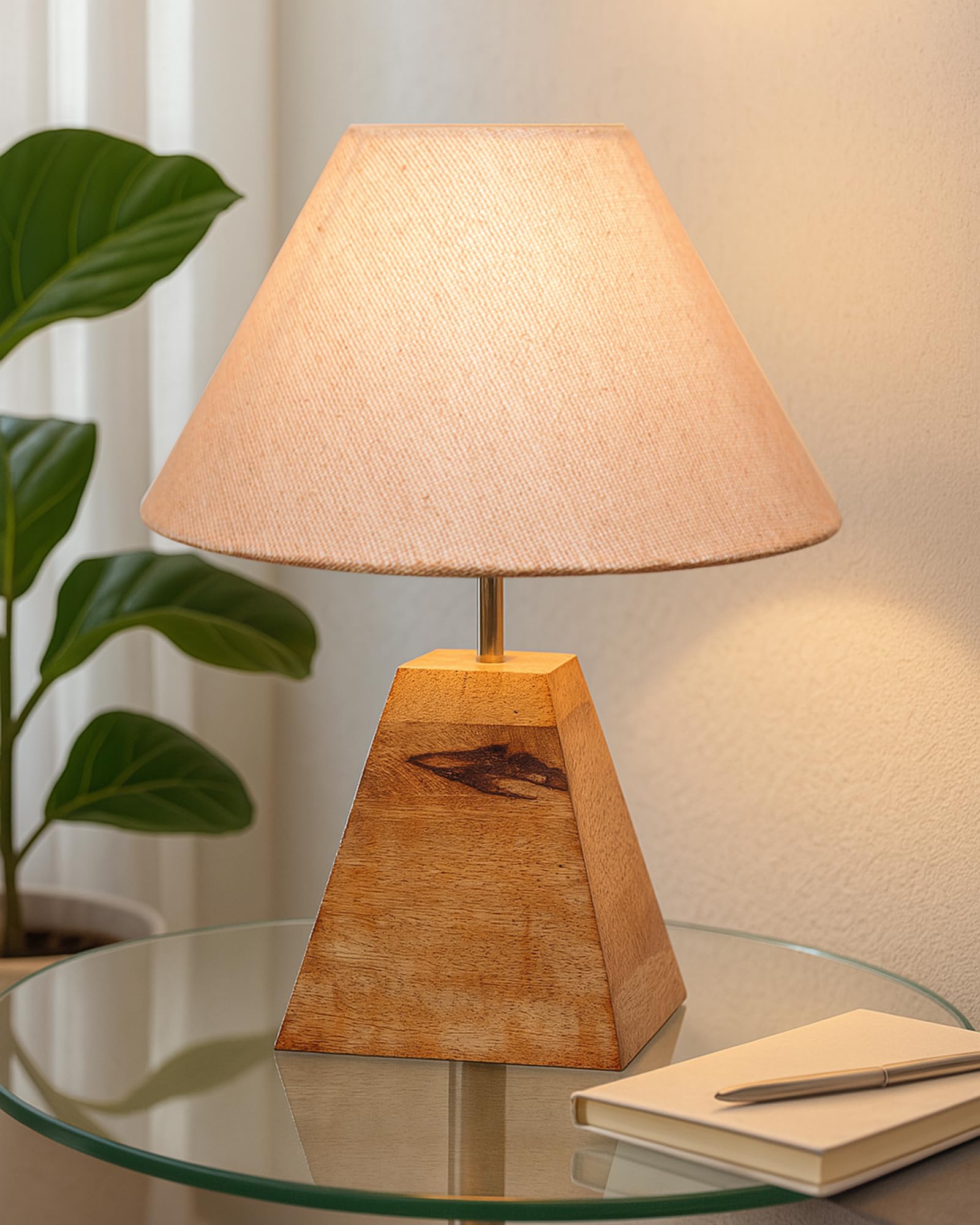 Homesake Wood Table Lamp, Modern Base Fabric Lampshade for Home Office Cafe Restaurant, Pyramid, (Brown) - Incandescent