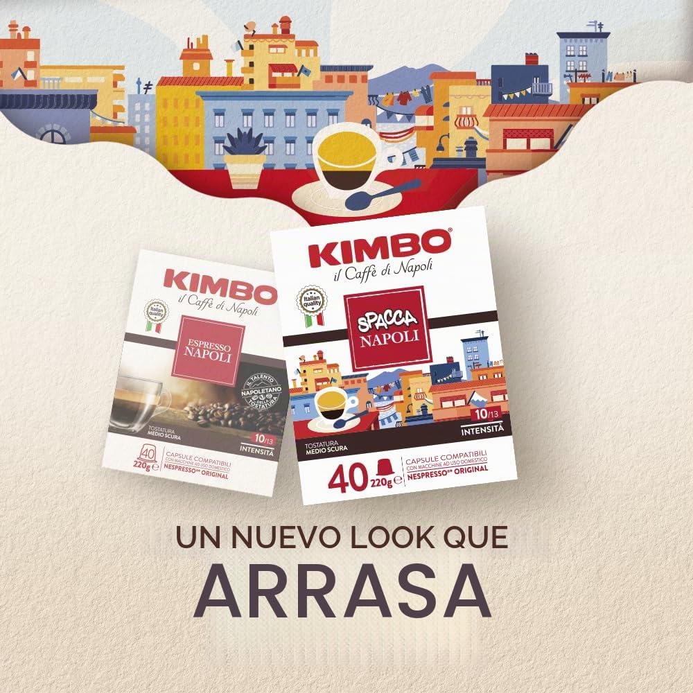 Cápsulas de Café Kimbo Napoli, Compatibles con Nespresso, 4 Paquetes de 40 Cápsulas (Total 160 Cápsulas) | 4 Paquetes de 40 Cápsulas, Mezcla Intensa y con Cuerpo, Intensidad 10/13, Tueste Medio-Oscuro