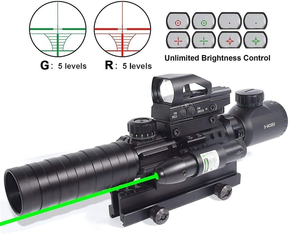 CRUSHUNT Scope 3-9x32EG Rangefinder Illuminated Optics Reflex 4 Reticle Red&Green Sight Green Dot Laser Sight