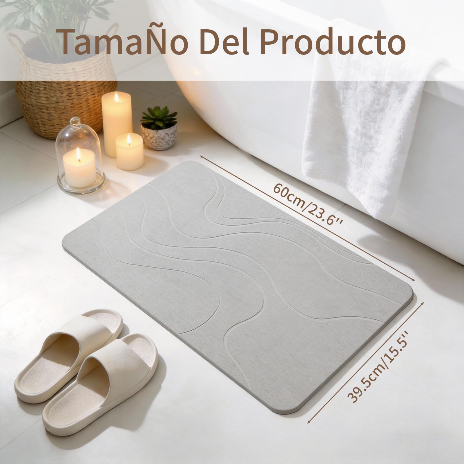 Eralove Tapis de bain en diatomite de salle de bain sans odeurs, absorption ultra rapide et séchage rapide, sans odeurs, gris clair 60 x 40 cm
