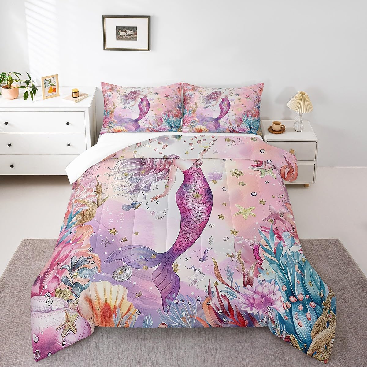 Sea Turtle Bedding Set King Size,Ocean Coral Shells Comforter Set 3Pcs for Kids Girls Boys Adult Room Decor,Underwater World Quilt Set Wild Animals Duvet Insert,2 Pillowcases