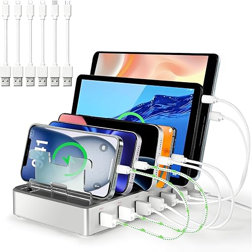 Estación de carga de 6 puertos para múltiples dispositivos, estación de carga para teléfono celular iPhone, Android, tableta, reloj inteligente y