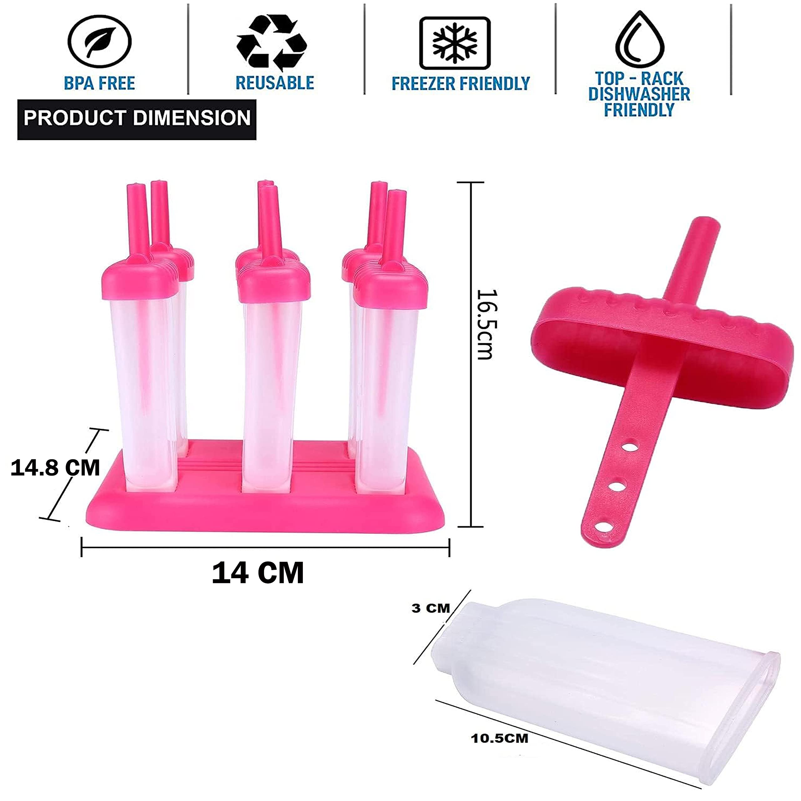 KARP Set of 6 Plastic Reusable Ice Pop Makers, Homemade Popsicle Frozen Ice Cream Moulds Tray Kulfi Candy Ice Lolly Mold for Children & Adults - Pink Color, 14L x 14.8W x 16.5H Cm 1