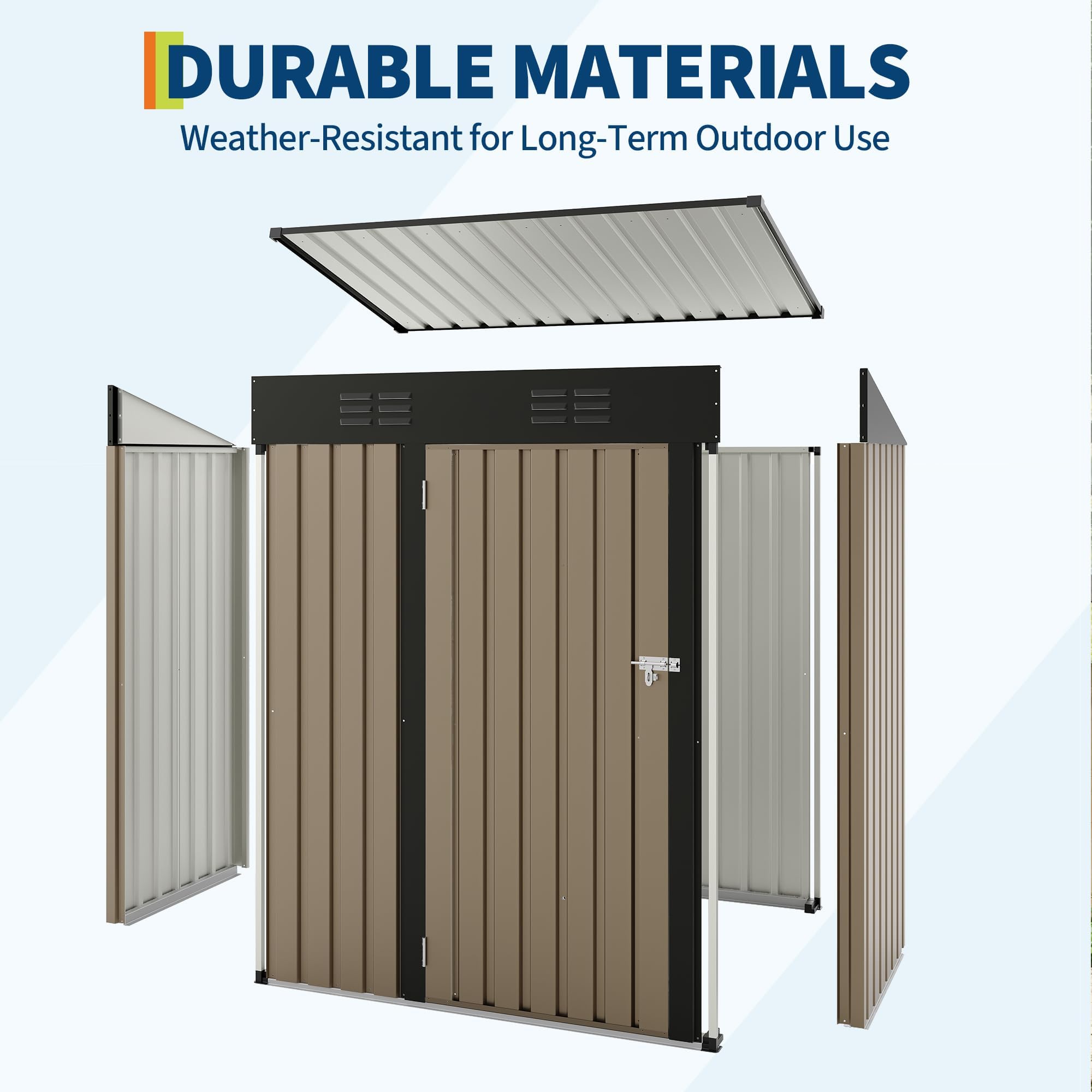 5×3 ft Outdoor Storage Shed, 67 CU.ft Metal Tool Shed with Sloping Roof and Lockable Door, Compact Garden Shed for Backyard, Patio and Lawn Organization, Brown - 4