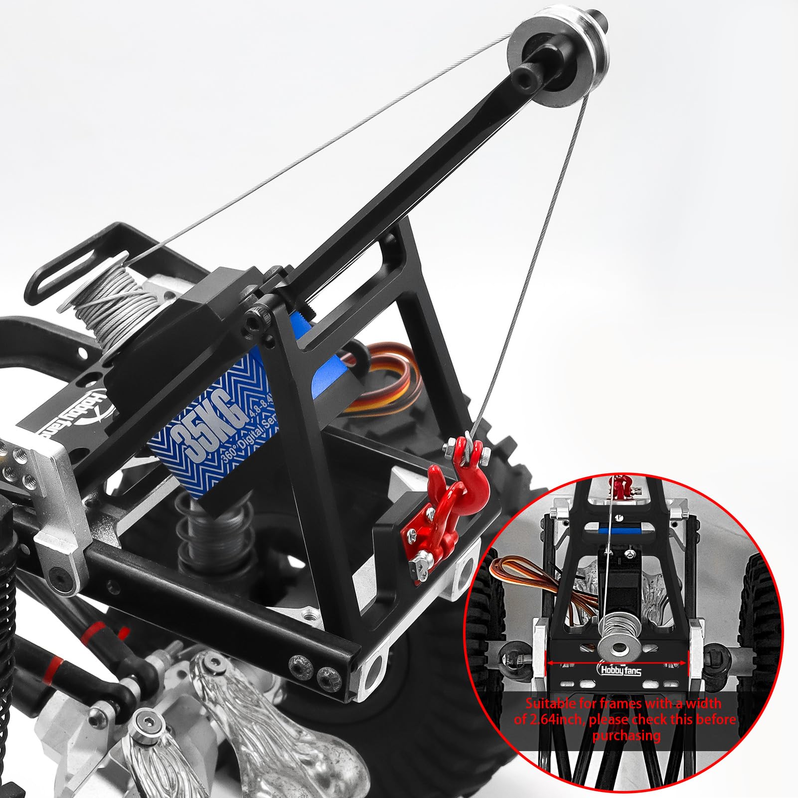 Alluminum RC Seilwinde Double Stent Rescue Set Truck Abschleppkran Arm Wrecker Kit mit 360° 35KG Servo für 1/10 SCX10 TRX4 RC Crawler und Anhänger RC Upgrade Teile (Schwarz)