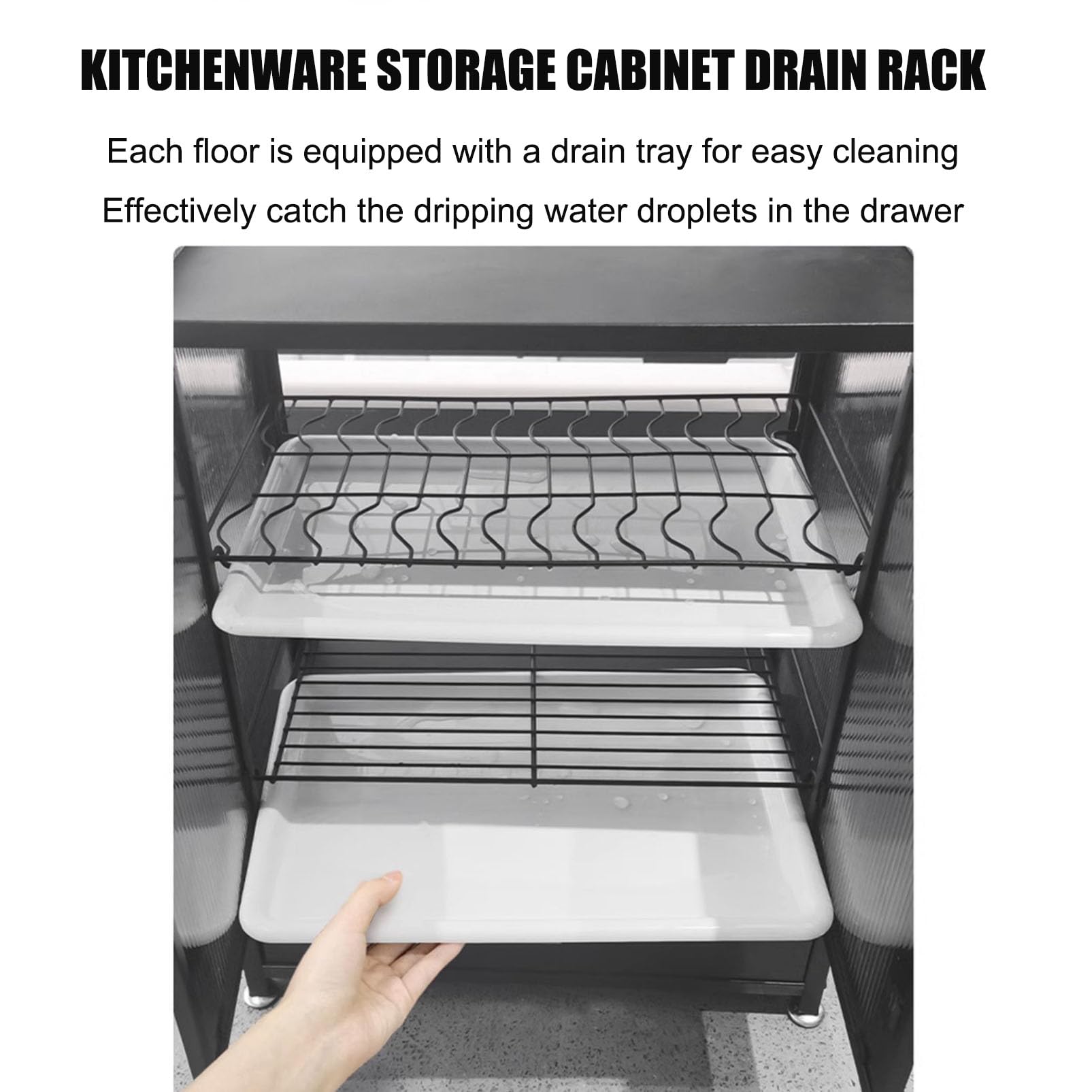 Küchenschrank-Organizer mit Abtropffläche, Allzweckschrank, Abtropfgestell, freistehendes Sideboard mit Glastüren, Metallutensilien und Weinglashalter