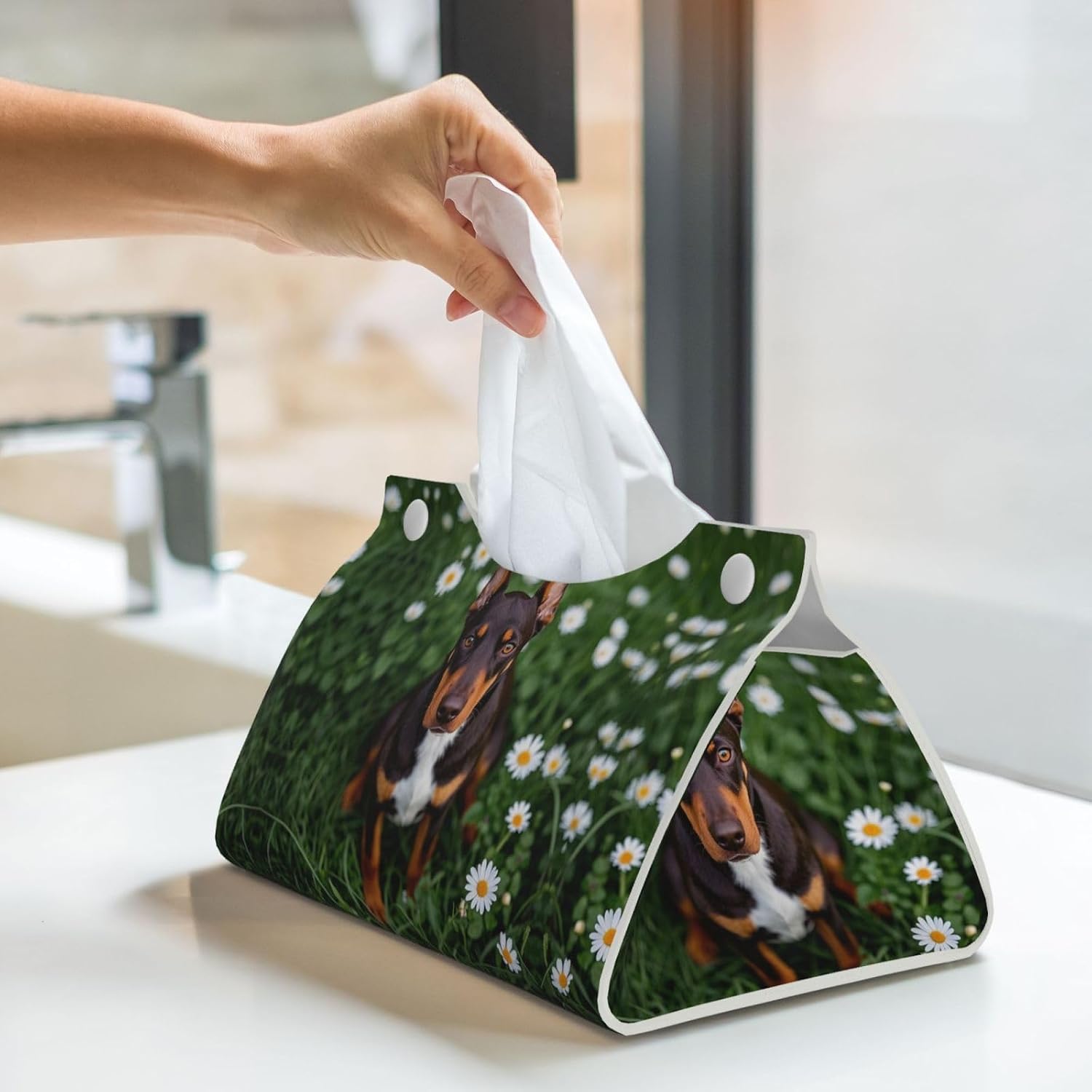 Decorative Tissue Box Cover Cute Pet Doberman Pinscher Tissue Box Holder Aesthetic Leather Storage Organizer Box for Bathroom Vanity Tabletop Night Stands Office Funny Home Decorative Tissue Case image 5