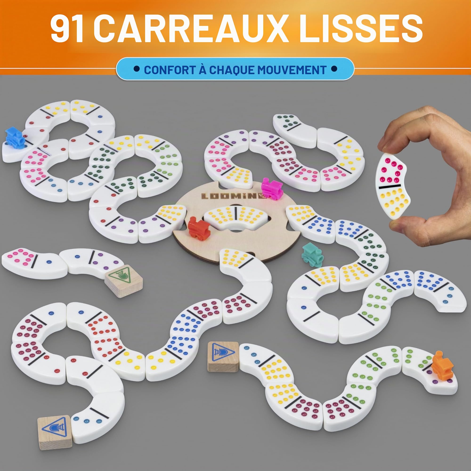 Queensell Jeu de Dominos Mexican Train – Jeux de société pour Enfants et Adultes – Jeu de Dominos pour Adultes – Loomino