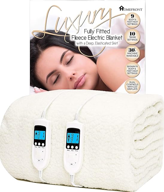 Homefront Electric Blanket Dual Control - Super King Bed Premium Fleece Fully Fitted Heated Mattress Cover 203 x 182 x 40cm Underblanket with Elasticated Skirt - Advanced Overheat Protection - Individual Body and Foot Heat Technology - Fast Heat Up Time