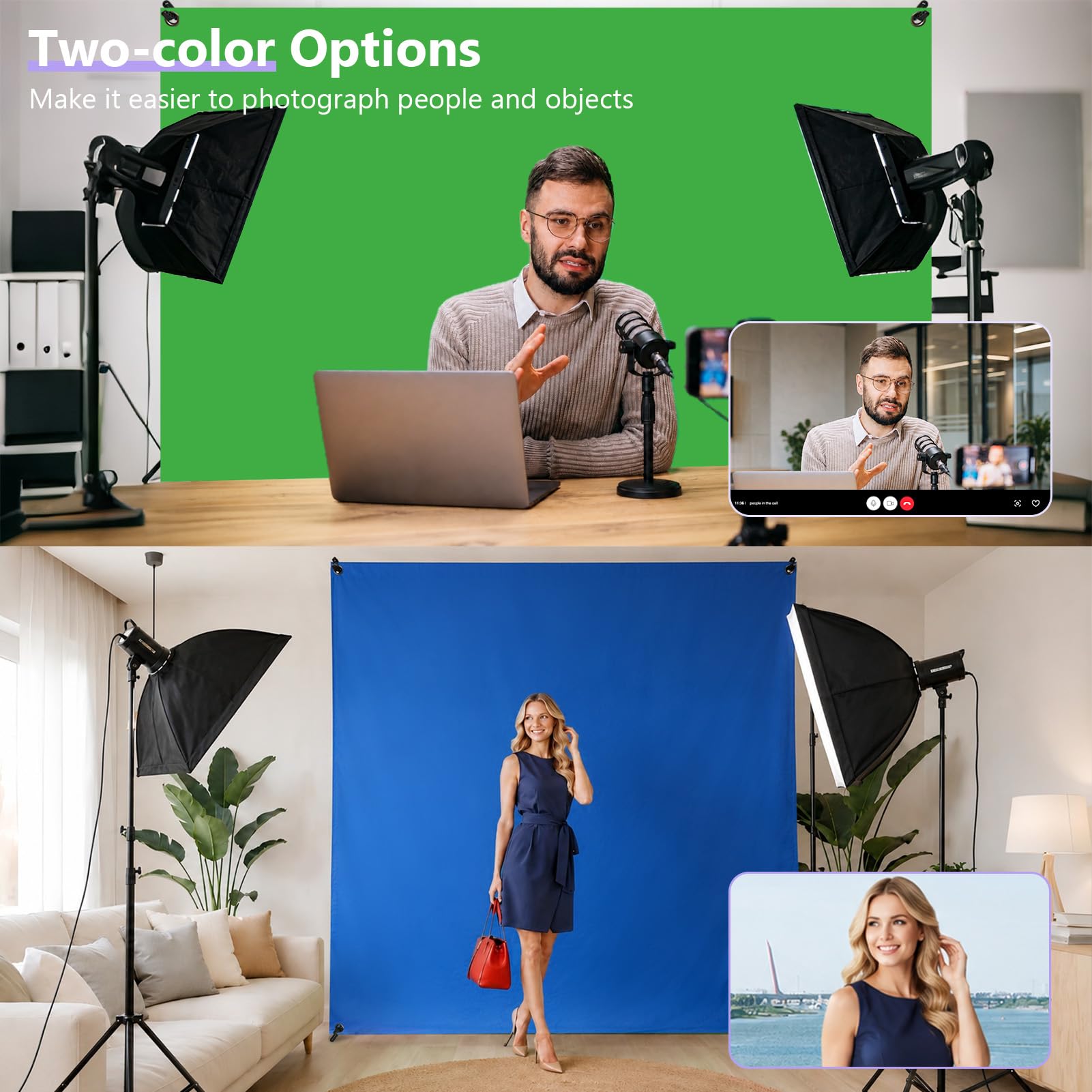 EMART 2x2 m Kit fondale schermo blu verde con supporto, regolabile