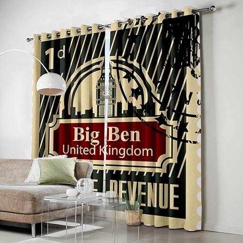 Miniatura 3 de Blackout Curtains Thermal Insulated Retro Big Ben London Stamp Solid Pattern Metal Grommet Elegant Room Drapes Window Curtain for Bedroom Living