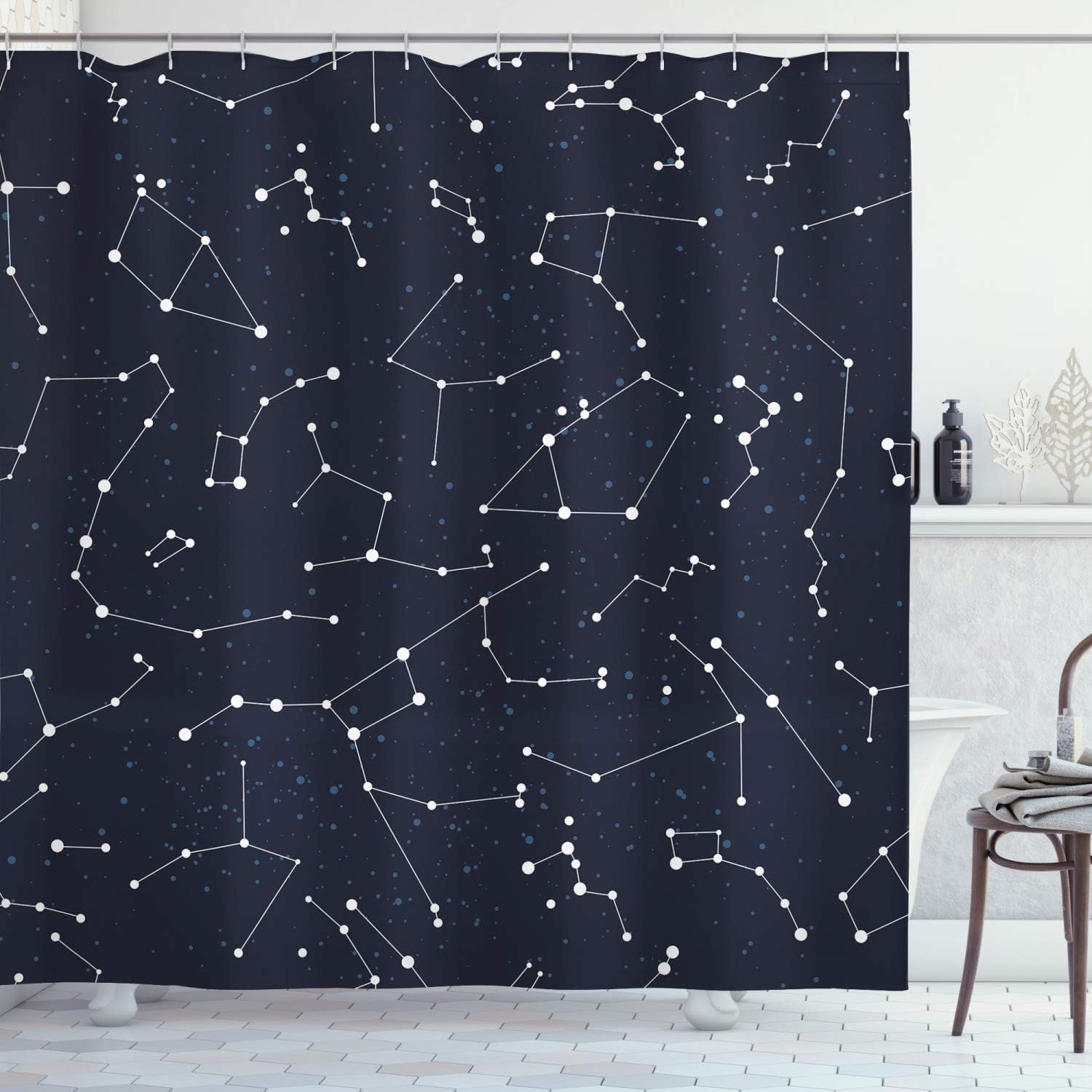Ambesonne Constellation Shower Curtain, Milky Way Inspired Pattern with Cluster of Fixed Stars in Night Sky, Cloth Fabric Bathroom Decor Set with Hooks, 69" W x 84" L, White Blue