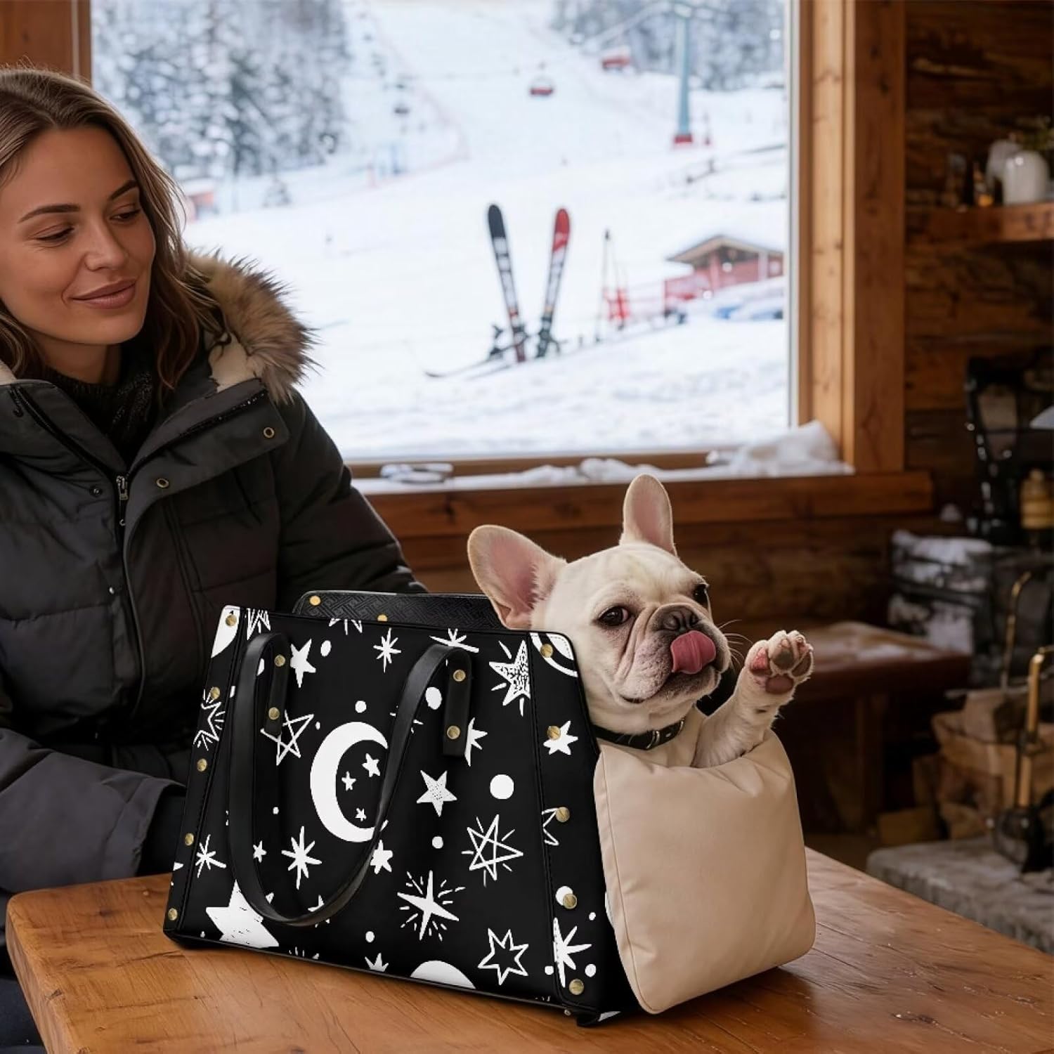 FUSURIRE Leather Pet Carrier Tote Bag,Star and Moon Print Portable Dog Purse with Removable Cushion,Waterproof Travel Handbag for Dog & Cat