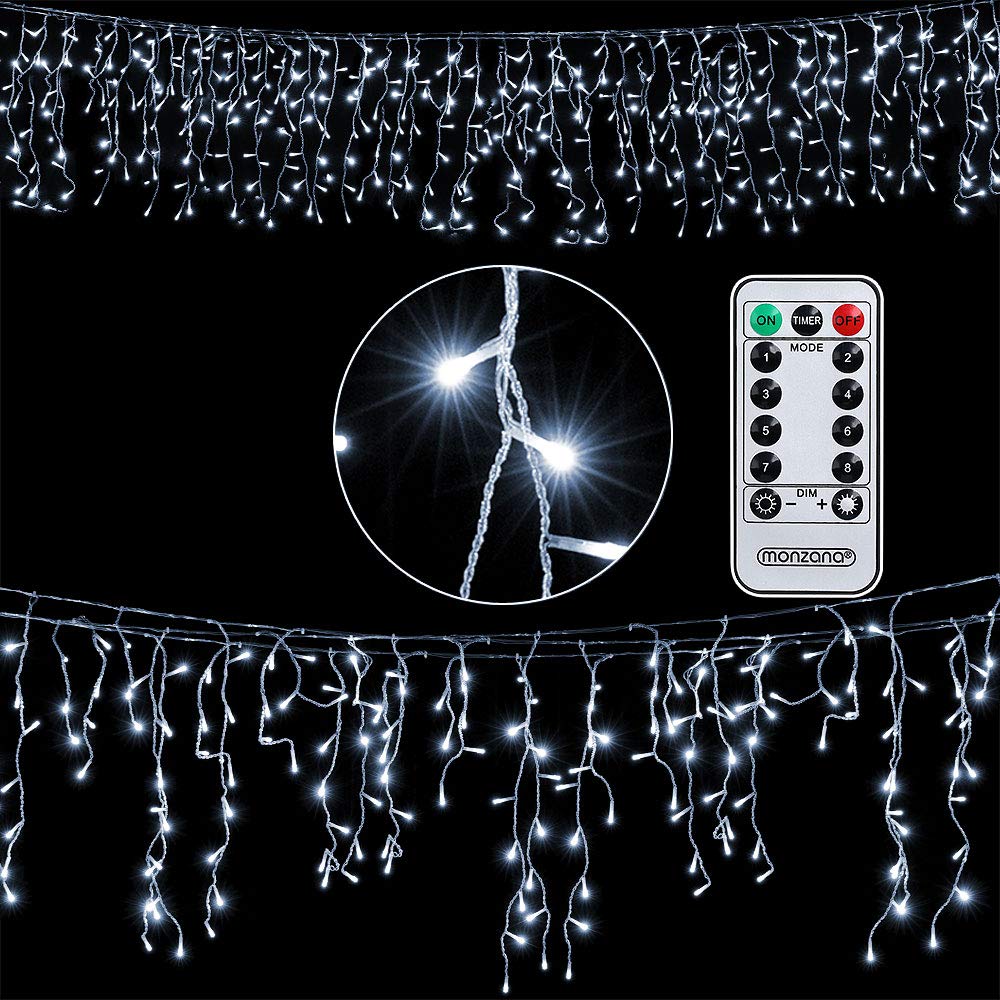 Monzana® Lichterkette 600 LED 20m Fernbedienung 8 Leuchtmodi IP44 Innen Außen Regenlichterkette Lichtervorhang Eisregen kaltweiß Weihnachtsbeleuchtung
