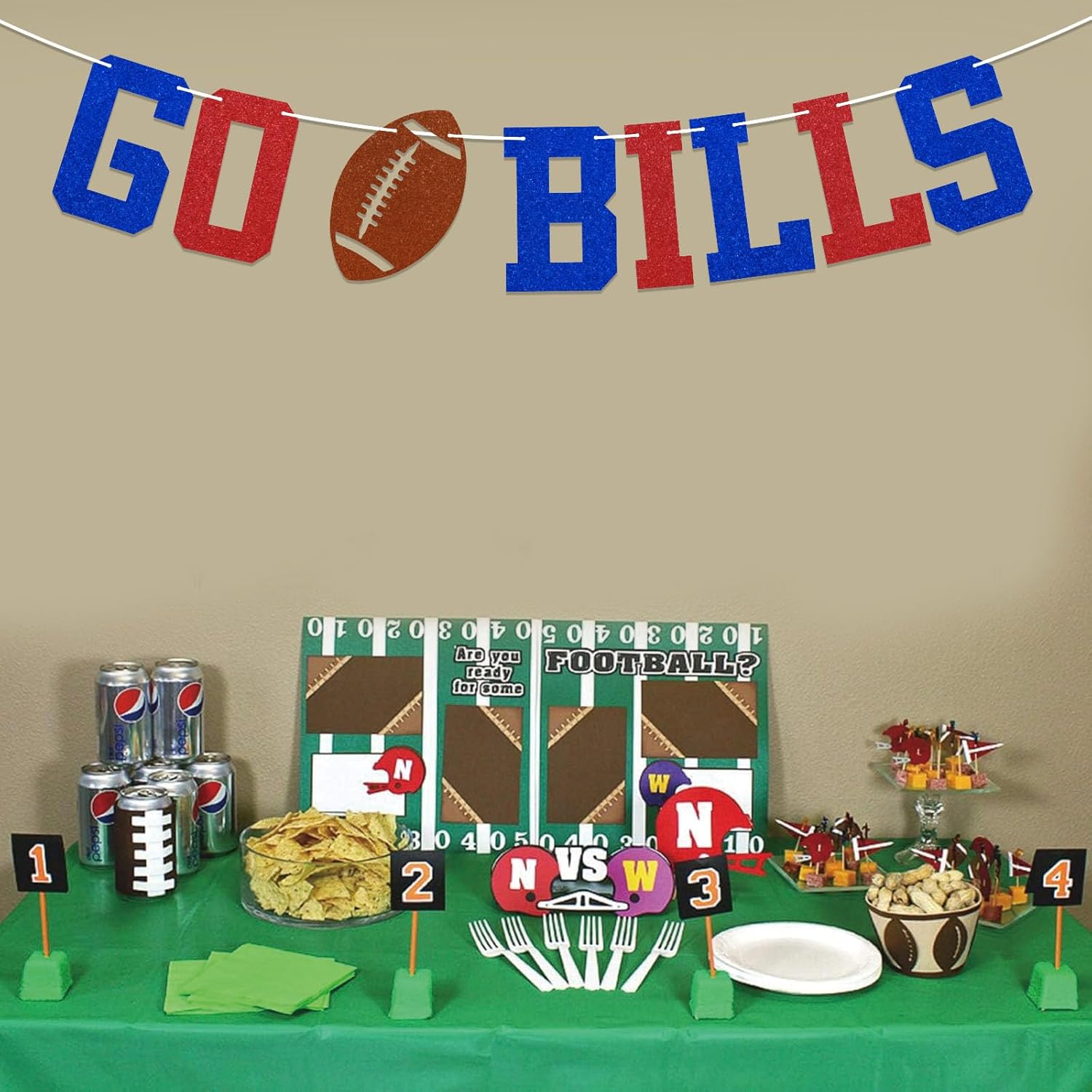Go Bills Banner - Bills Football Party Sign, Footballs Game Day Decor, Funny Football Game Day Party Decorations Red Blue Glitter - Image 2