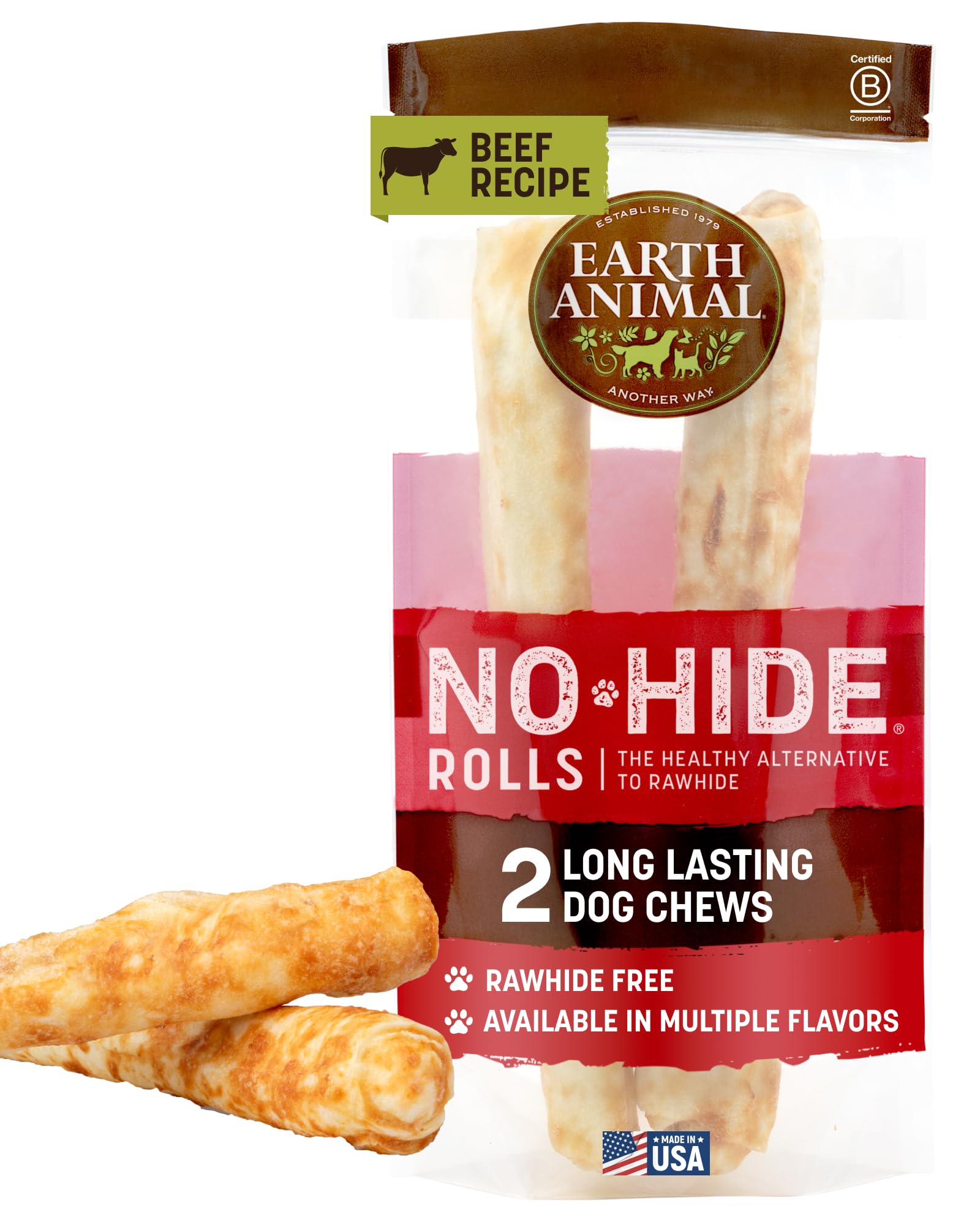 No Hide Chews - Long Lasting Rawhide Free Large Dog Chews Rolls, Beef - 2 Count