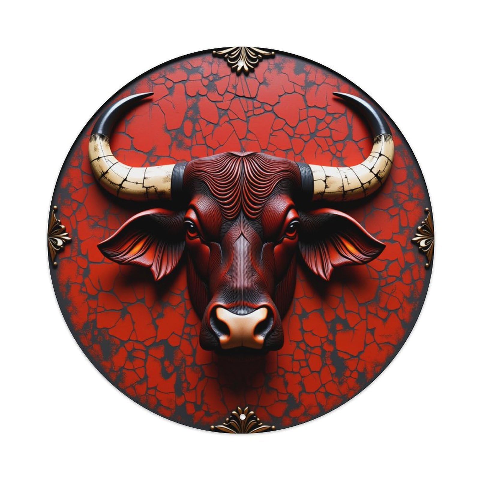 Red Cracked Background Bull Head Vintage Metal Tin Sign Retro Wall Decor for Home Bar Garage Cafe, Indoor & Outdoor Decorative，circle Metal Poster, 8x8 Inch