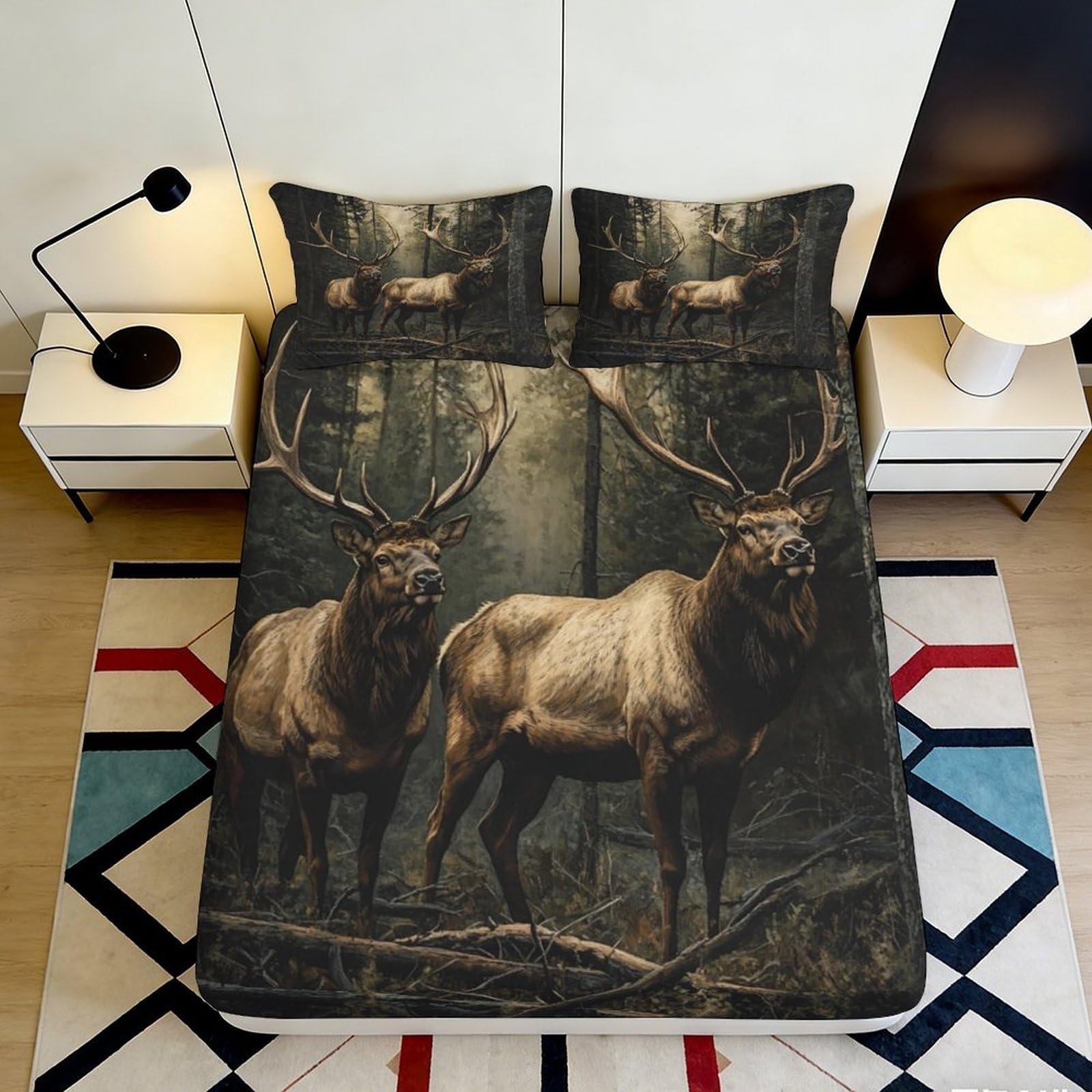 3D Printed Forest Elk Fitted Sheet Microfiber Soft Breathable Woodland Deer Mattress Cover for Bedroom Decor Protection 120x200x25cm