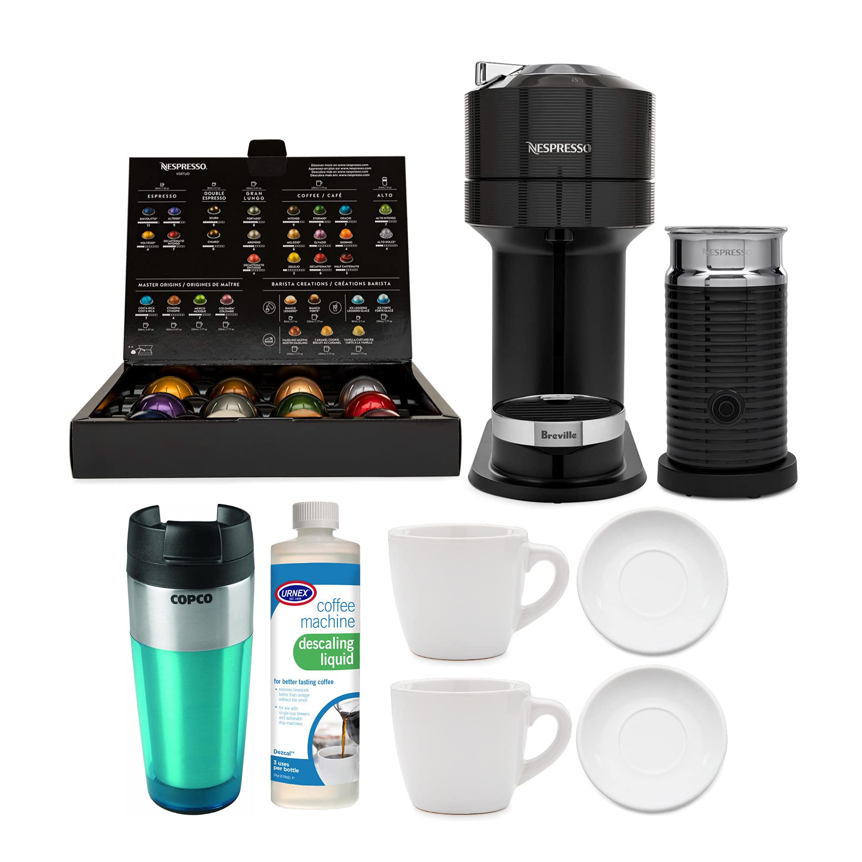Nespresso Vertuo Next Coffee and Espresso Machine (Classic Black) with 2 Cup and Saucer Sets, Descal