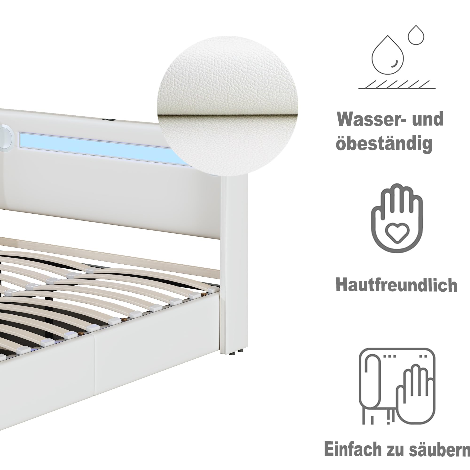Merax Cama tapizada de 160 x 200 cm con tiras de luz LED, espacio de almacenamiento doble con reproductor Bluetooth y carga USB, para jóvenes y adultos, piel sintética blanca (sin colchón)