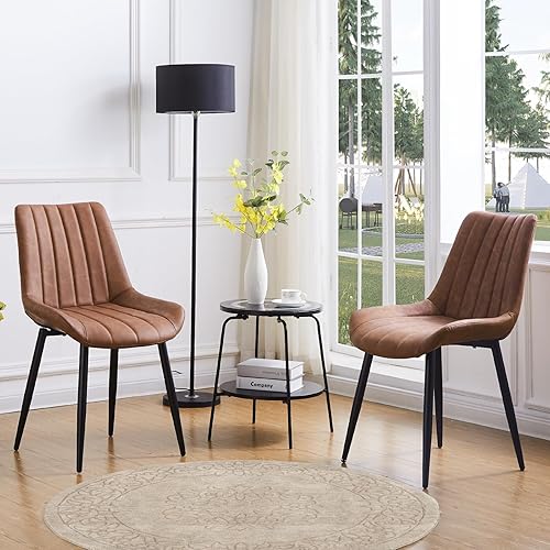Miniatura 9 de CLIPOP Juego de 4 sillas de comedor de piel sintética marrón, modernas de mediados de siglo, respaldo alto, silla auxiliar tapizada sin brazos para