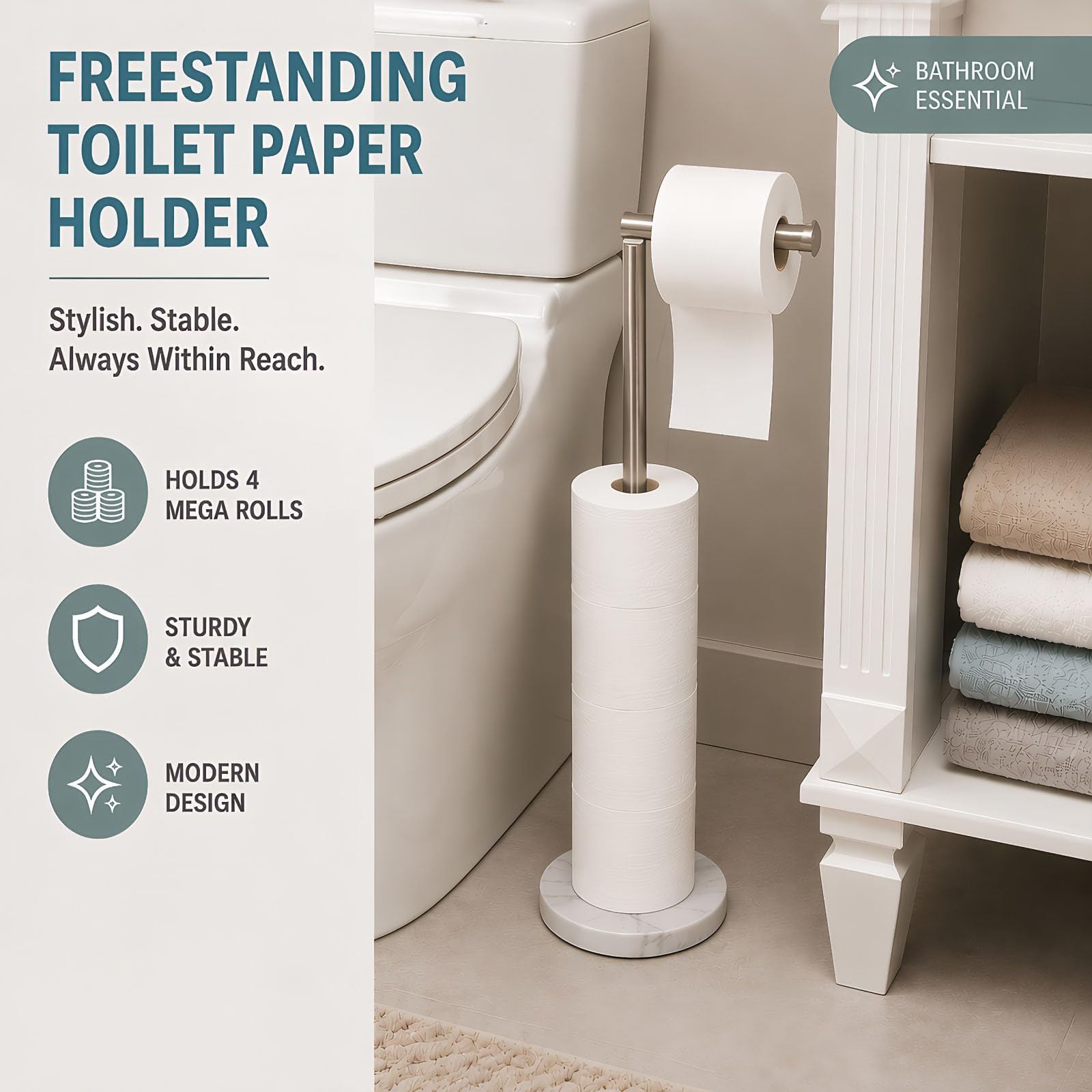 Songtec Toilet Paper Holder Stand, Free Standing Tissue Roll Holder, Heavy Natural Marble Base, Sturdy for 5 Toilet Paper Rolls (Marble Base, Brushed Nickel) — Amazon image 2