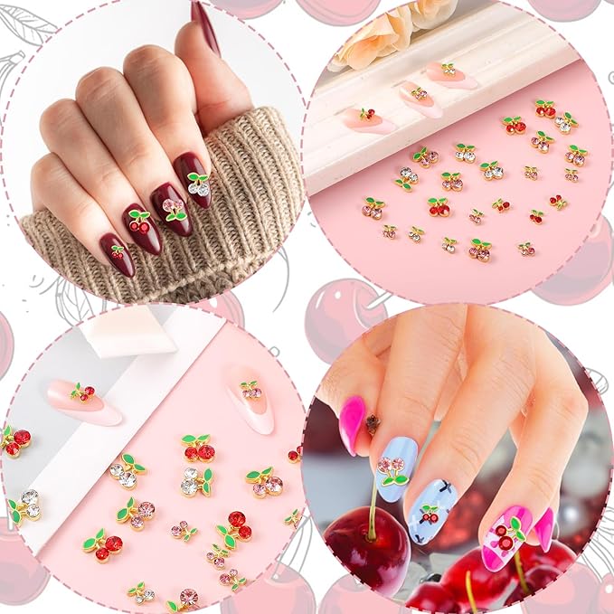 Cherry Nail Charms: 60pcs 3D Alloy Nail Art Rhinestones