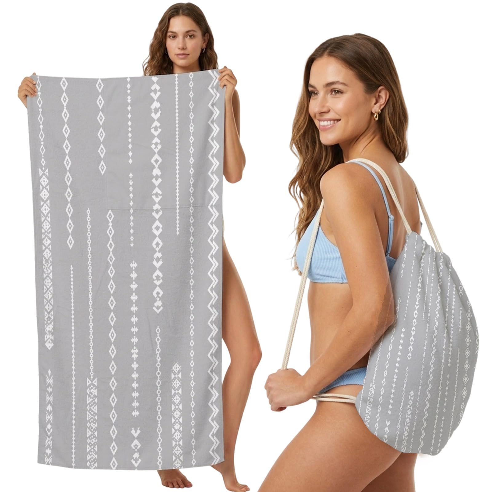 Beach Towel Bag 2 in 1 Grey Stripes Bath Pool Towels Backpack Bohemian Diamond Striped Absorbent Beach Towel Soft Quick Dry Lightweight Packable Towels Drawstring Bag for Travel Camping Sports Yoga