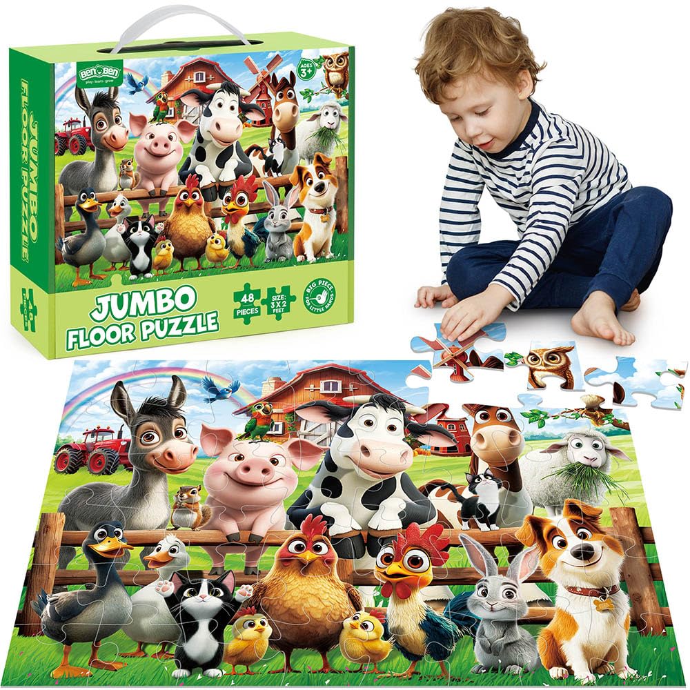 Benben Large Floor Puzzles for Kids, 48 Pieces, Jigsaw Puzzle for Kids Age 3 Years Up, Educational Toys for Children, 90 x 60 cm, Gift for Boys and Girls, Farm Animals