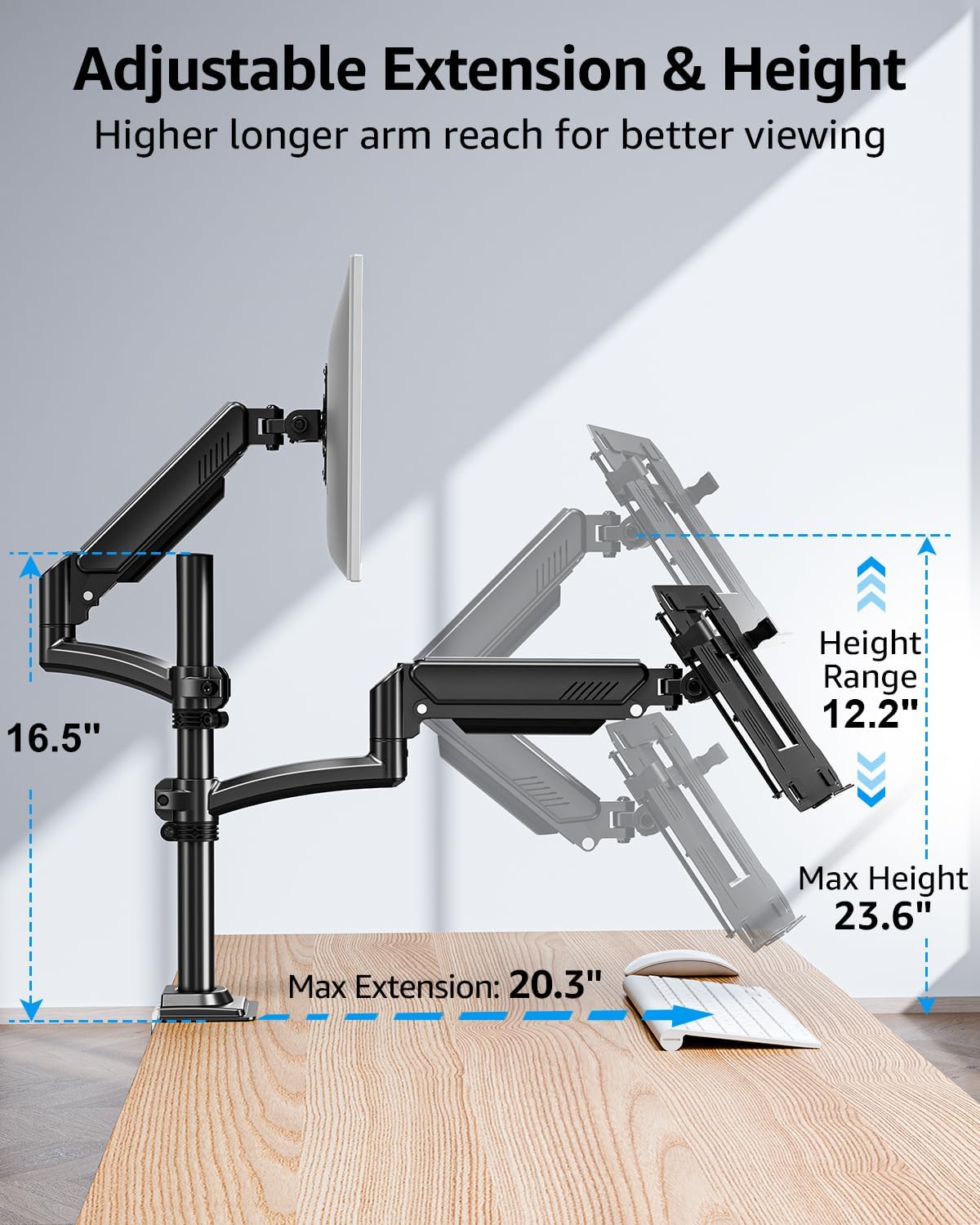 MOUNTUP Laptop and Monitor Desk Mount, Laptop Tray for Max 17" Notebook, Monitors Arm Fits up to 32" Monitor, Laptops Arm Holds 4.4-22lbs, 2-in-1 Tall Laptops Mount with Clamp/Grommet