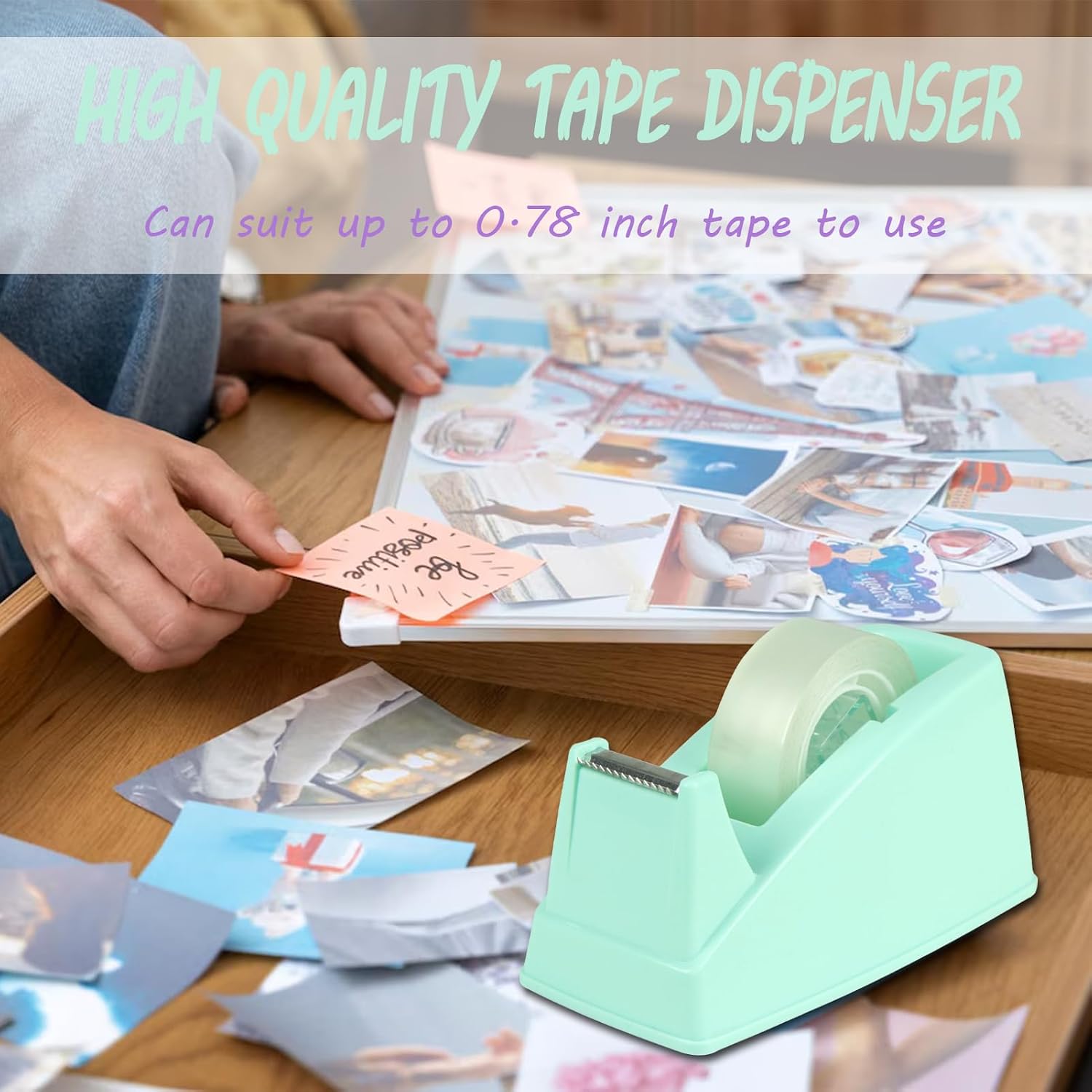 Cute Tape Dispenser for Desk, Weighted Non-Slip Base, One-Hand Tape Cutter, Desk Accessories for Women, Home Office Supplies, School Supplies, Planner & Craft Organizer, Green image 4