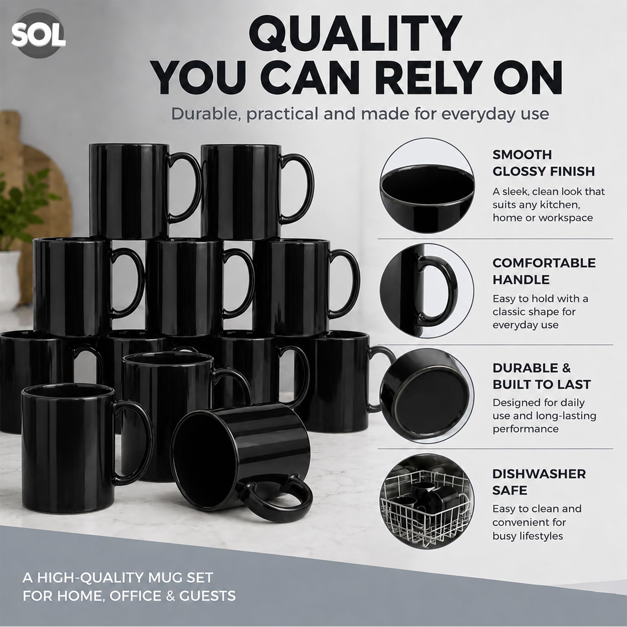 SOL Schwarze Steingut-Tassen, 325 ml, Keramikbecher für Tee und Kaffee, langlebiges Trinkgeschirr-Set für Zuhause, Büro, Café, Restaurant, stapelbares Design, mikrowellen- und spülmaschinenfest