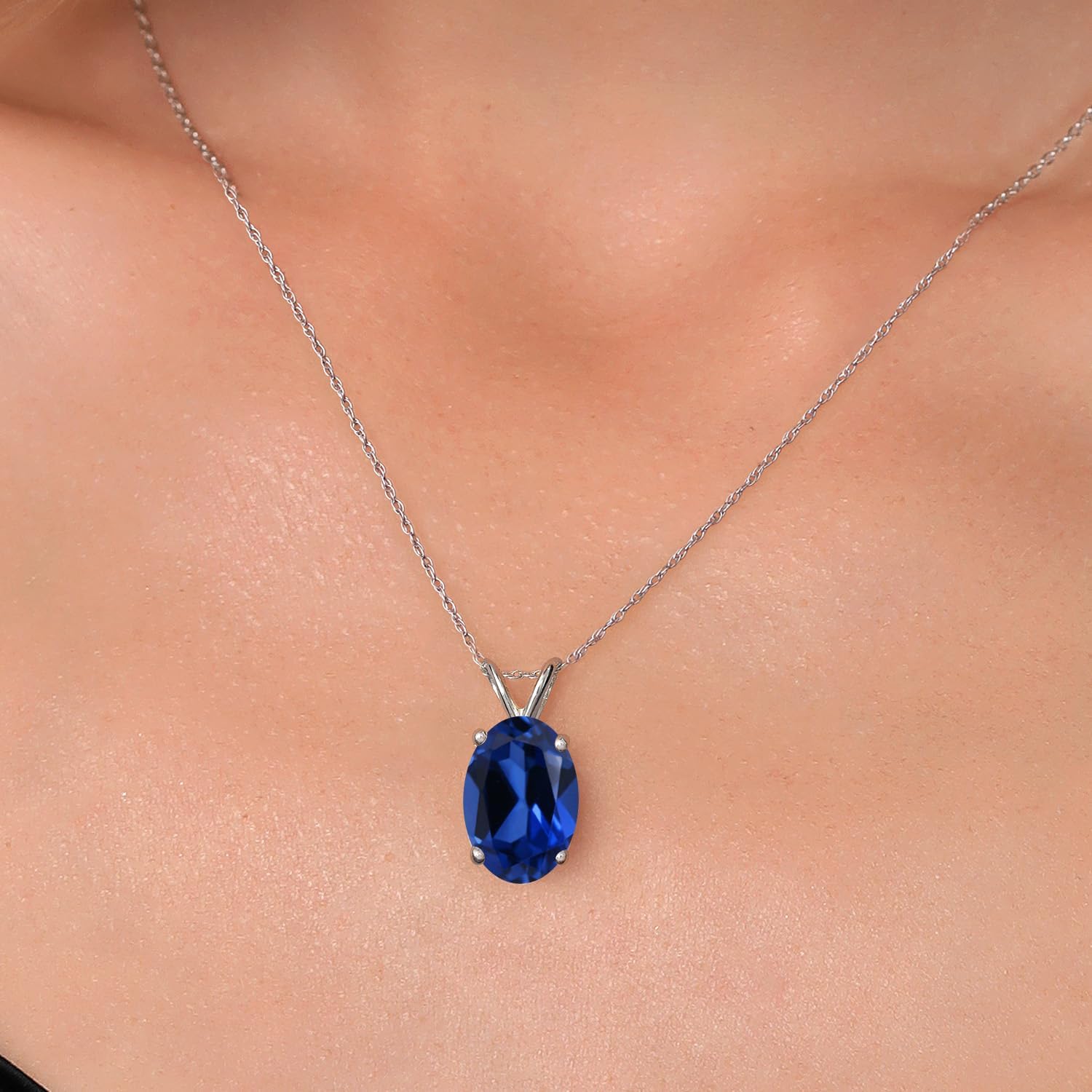 Gem Stone King 14K White Gold Blue Created Sapphire Pendant Necklace for Women | 6.00 Cttw | Gemstone September Birthstone | Oval 14X10MM | With 18 Inch Chain - Image 3