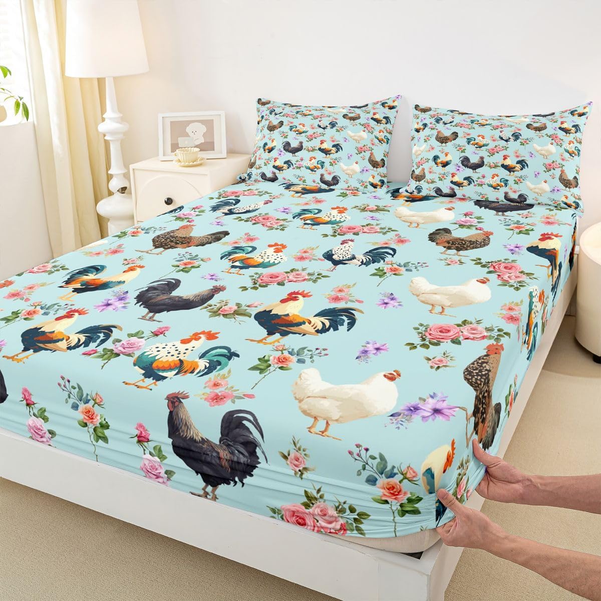 Hen Rooster Print Bed Sheet Set Farmhouse Animals Fitted Sheet for Kids Boys Girls Teens Room Decor Chicken Bedding Set Twin Size Floral Rose Pattern Bed Cover 2Pcs