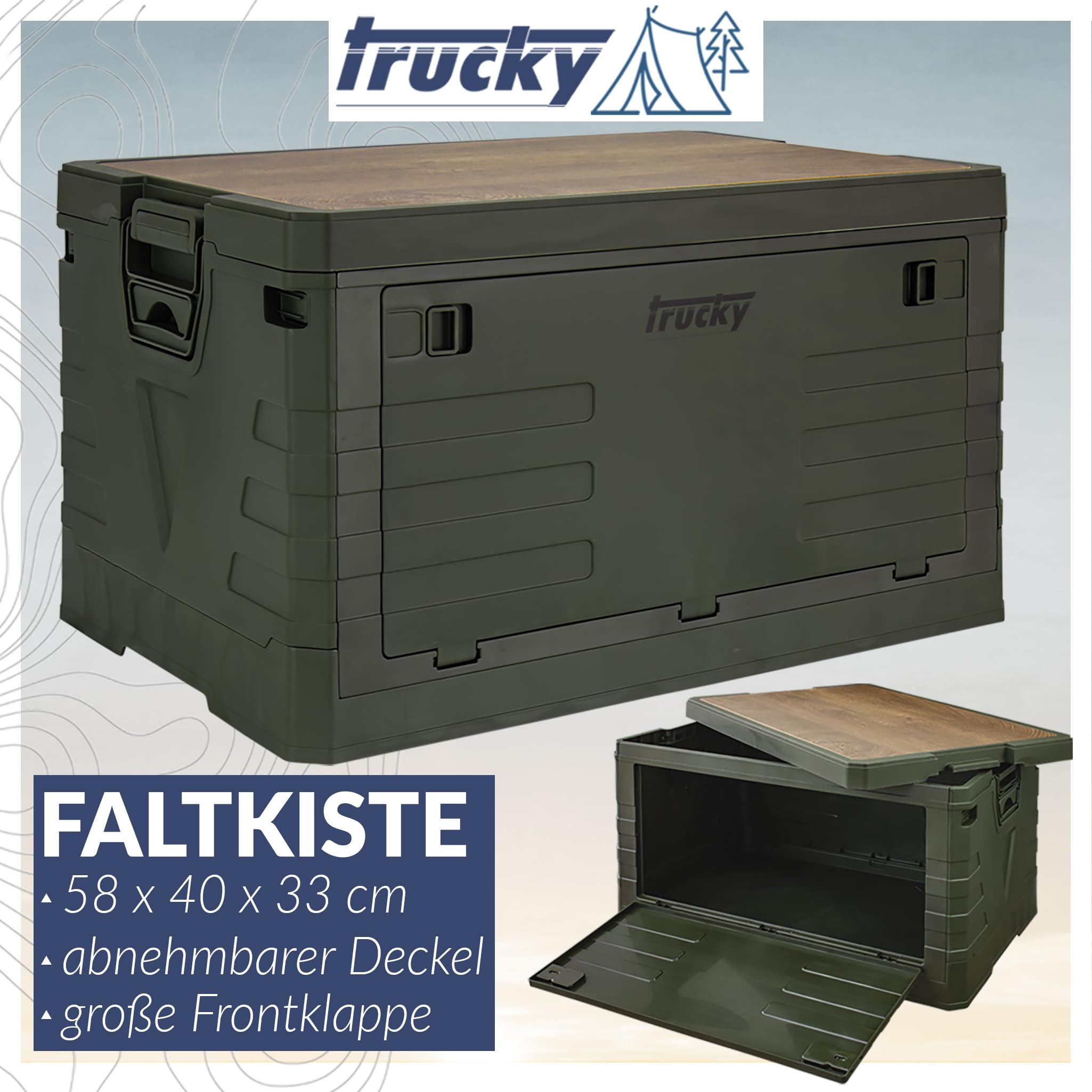 Trucky Storage Box, 75 L 58 x 40 x 33 cm, Camping, Klappbox, Klappkiste, Aufbewahrungsbox mit Deckel, faltbar, Aufbewahrung, Kiste, Grün