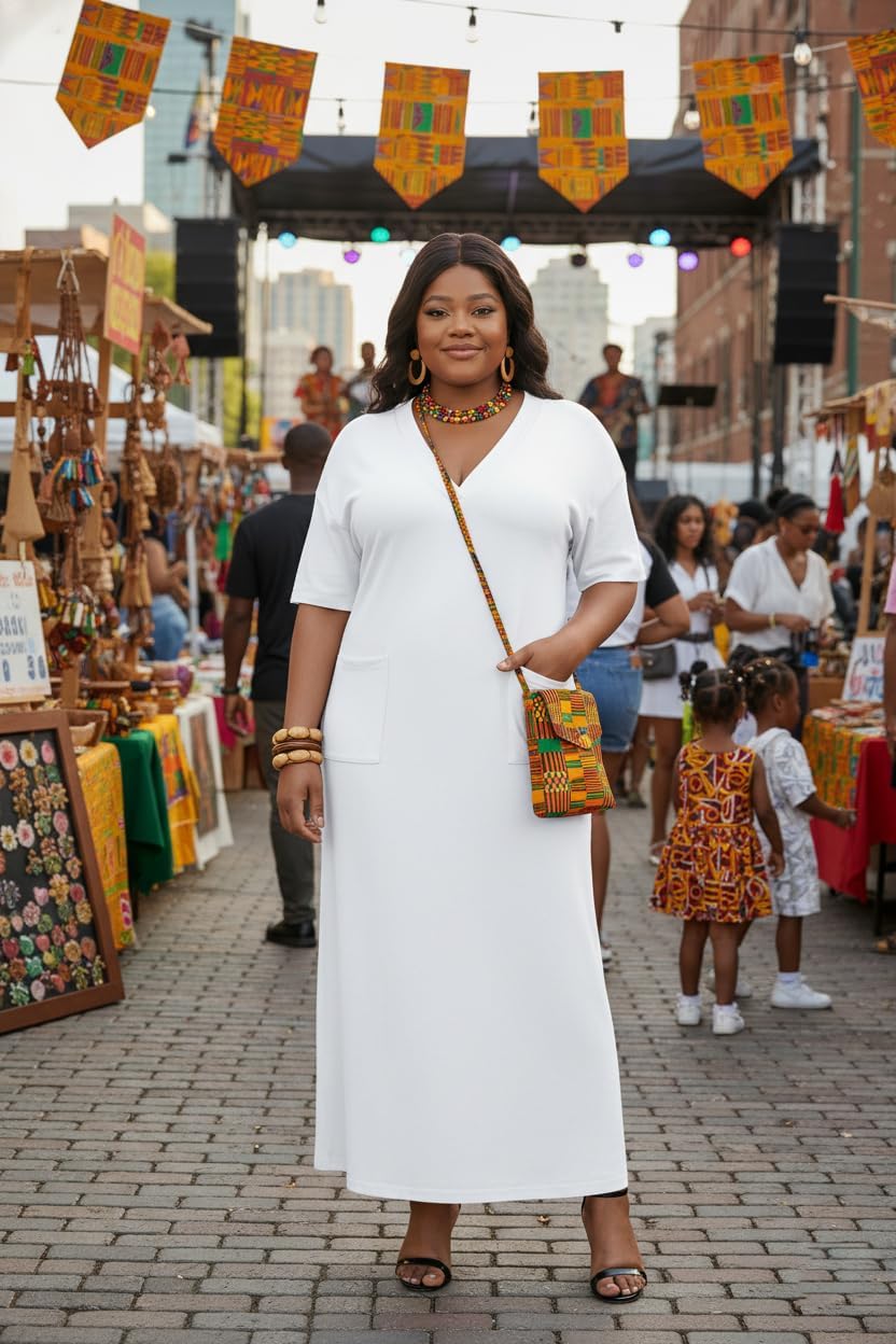 Runwind Plus Size Maxi Dress for Women Short Sleeve V Neck Casual Long Dresses with Pockets - Image 3