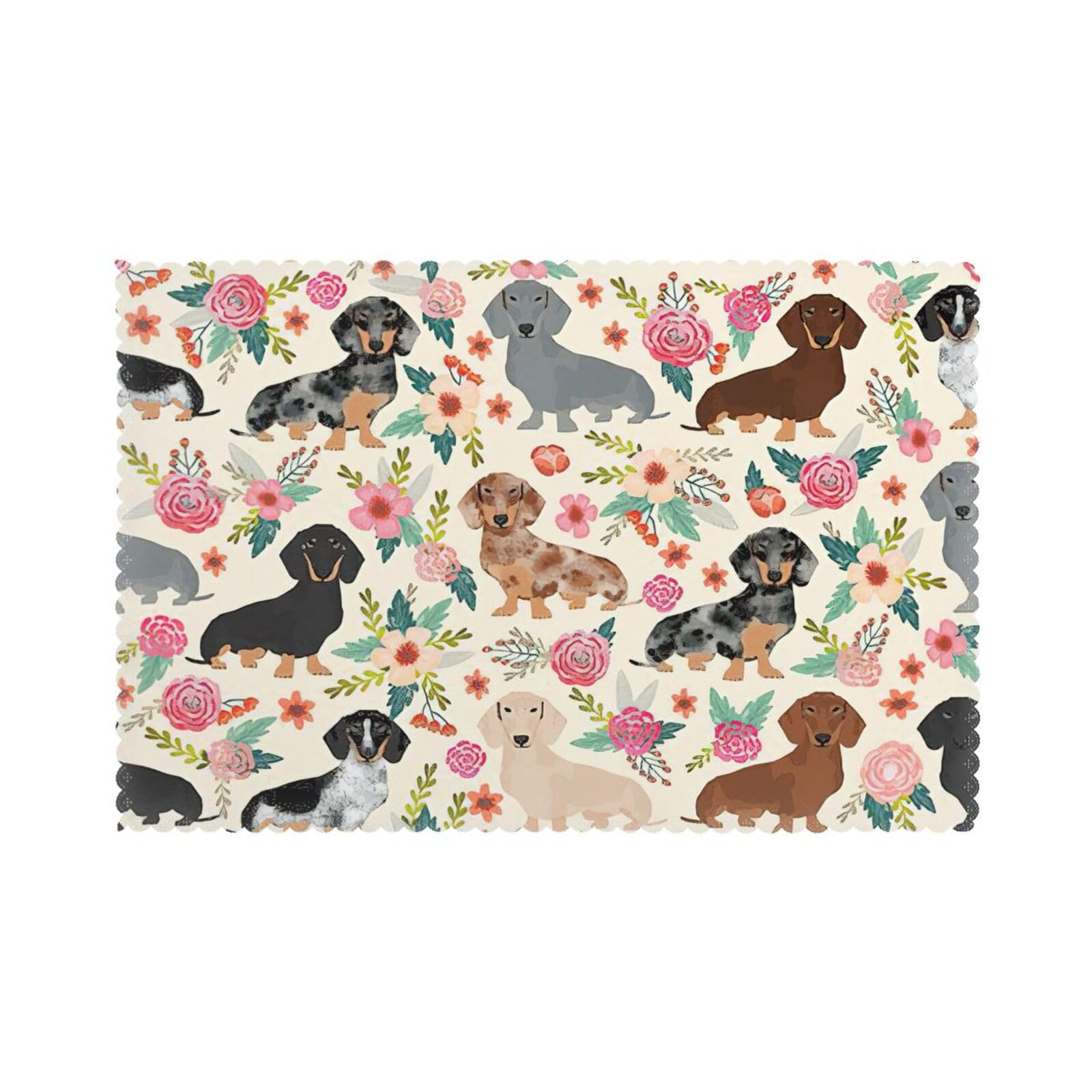 Dachshund Floral Print Placemats for Dining Table Set of 6 12x18 Inch Table Mats for Party Kitchen Dining.